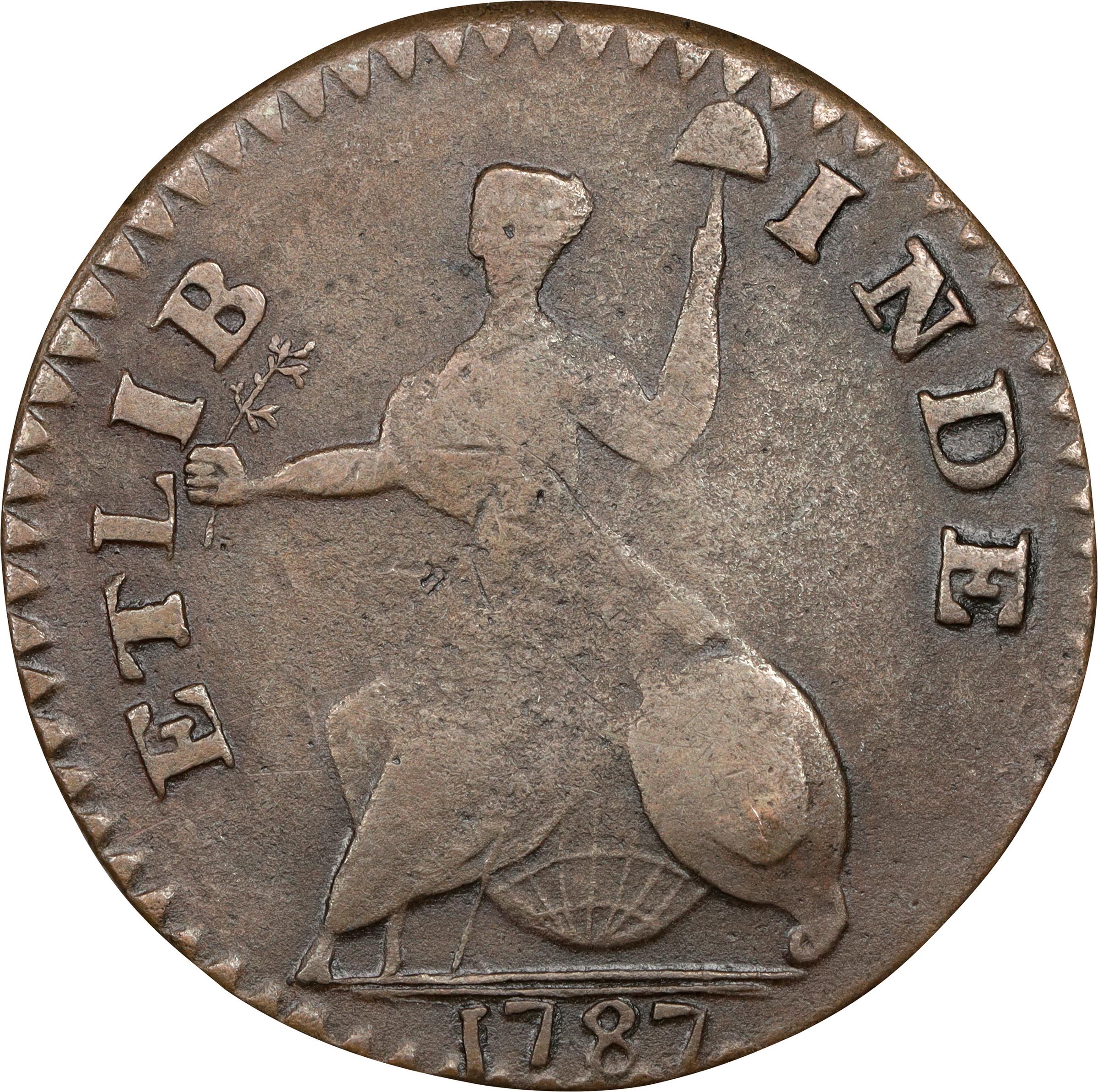 image for: 1787 Connecticut Copper. Miller 1.1-A, W-2700. Rarity-3. Mailed Bust Right, Small Head, ETLIB INDE. VF-30 (PCGS).
