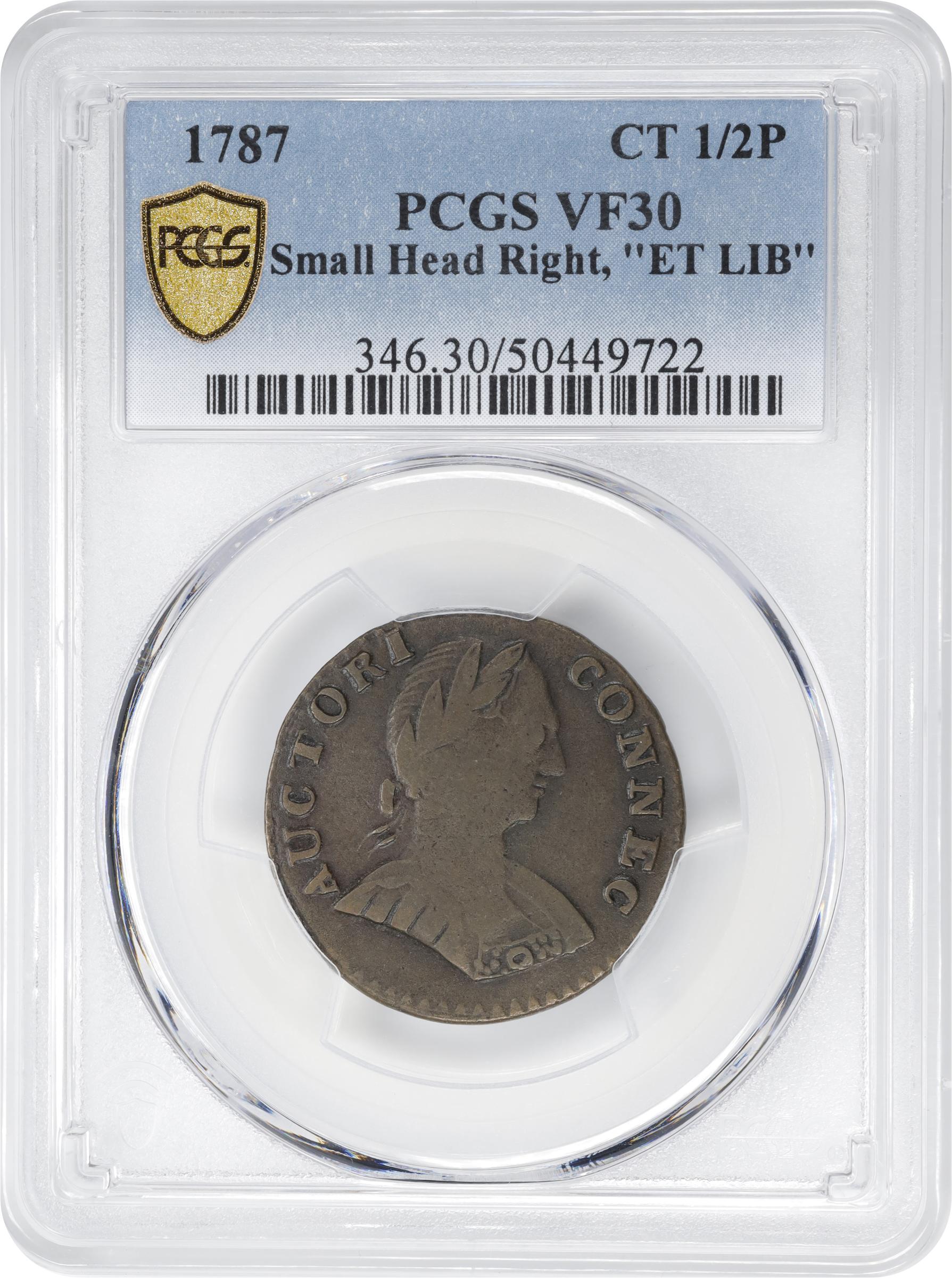 image for: 1787 Connecticut Copper. Miller 1.1-A, W-2700. Rarity-3. Mailed Bust Right, Small Head, ETLIB INDE. VF-30 (PCGS).