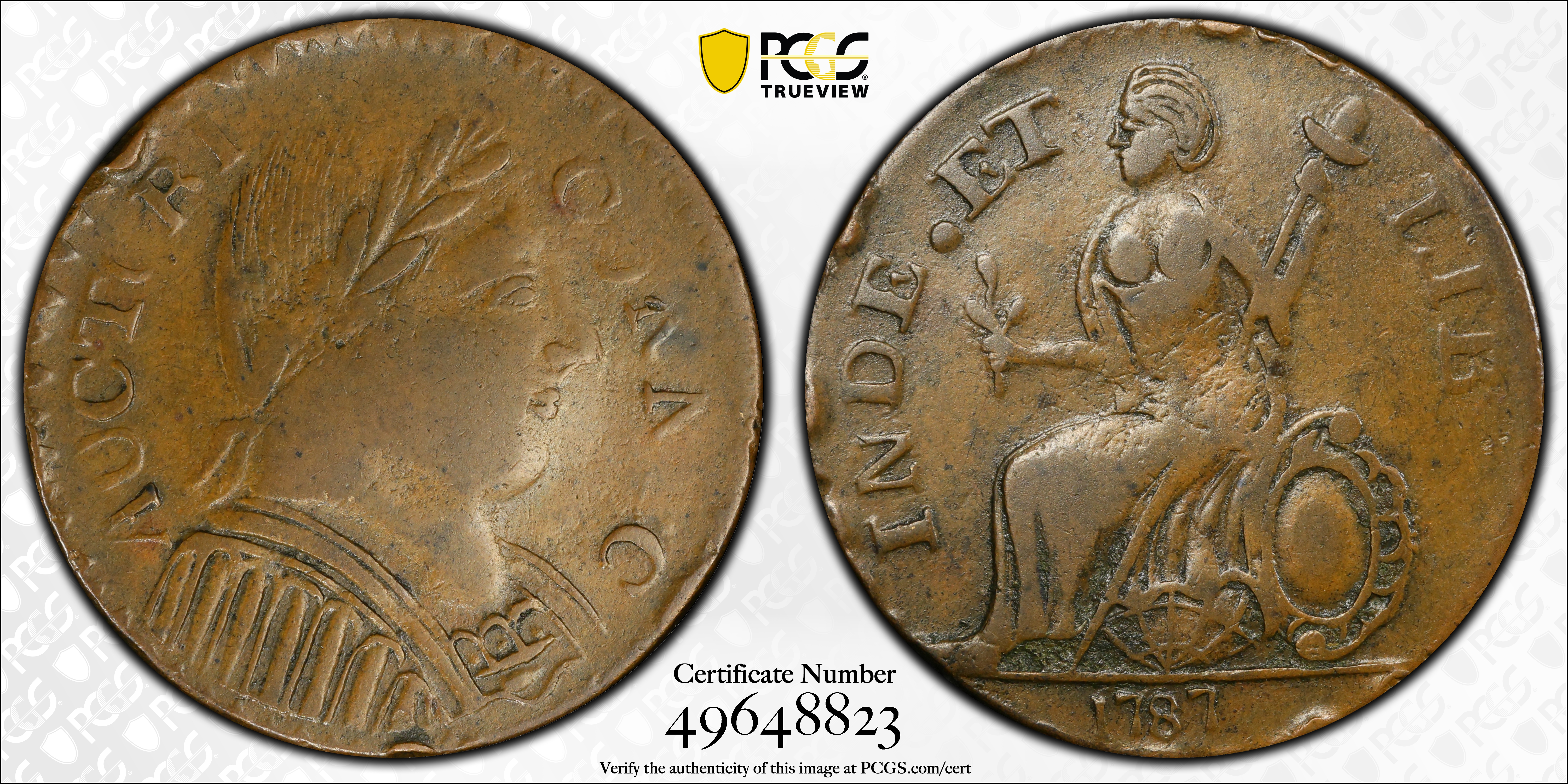 image for: 1787 Connecticut Copper. Miller 1.2-C, W-2720. Rarity-3. Mailed Bust Right, Muttonhead, Topless Liberty. EF-40 (PCGS).