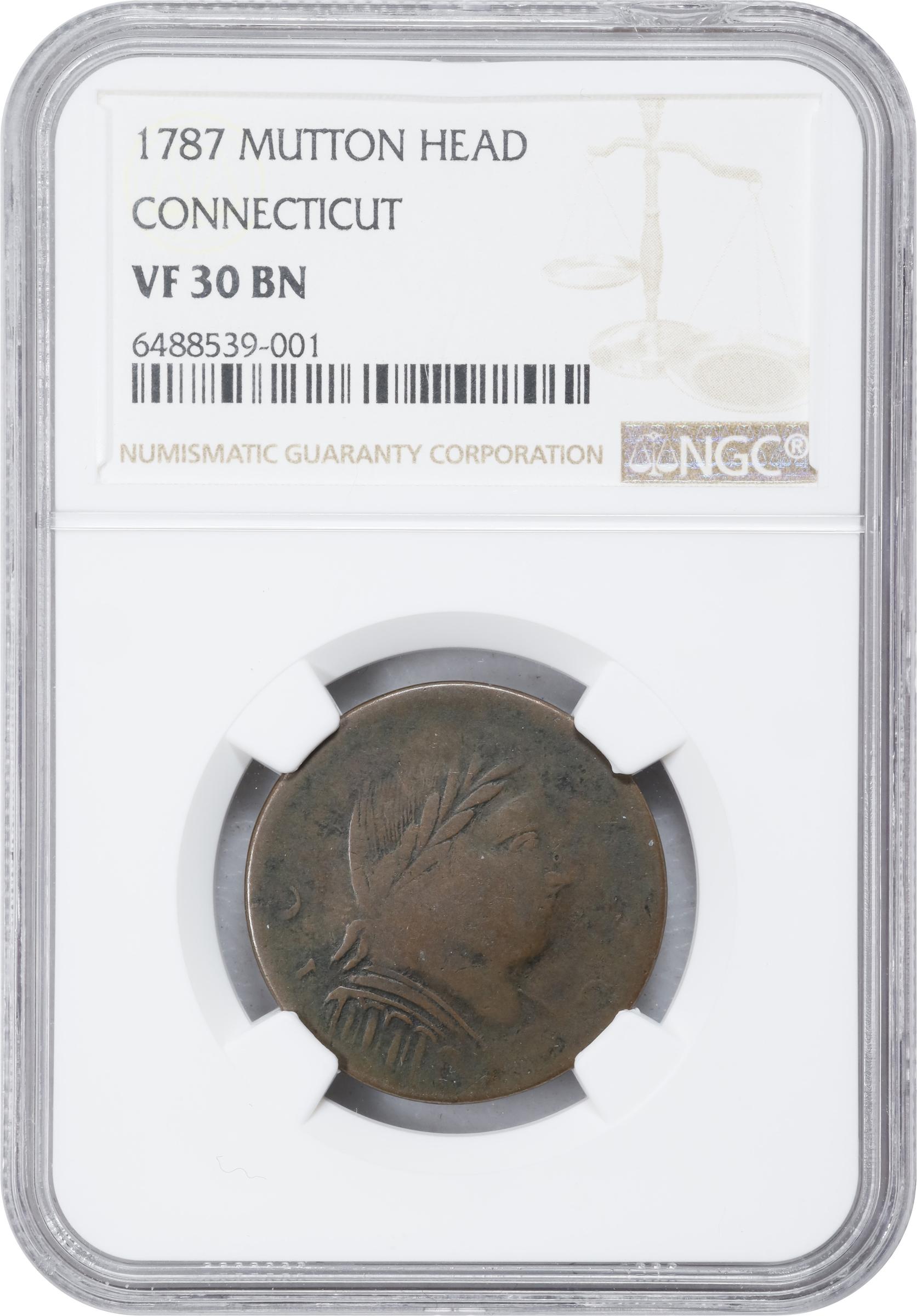 image for: 1787 Connecticut Copper. Miller 1.2-C, W-2720. Rarity-3. Mailed Bust Right, Muttonhead, Topless Liberty. VF-30 BN (NGC).