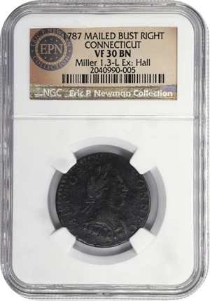 image for: 1787 Connecticut Copper. Miller 1.3-L, W-2735. Rarity-6-. Mailed Bust Right, INDE ET LIB, Six-Pointed Star. VF-30 BN (NGC).