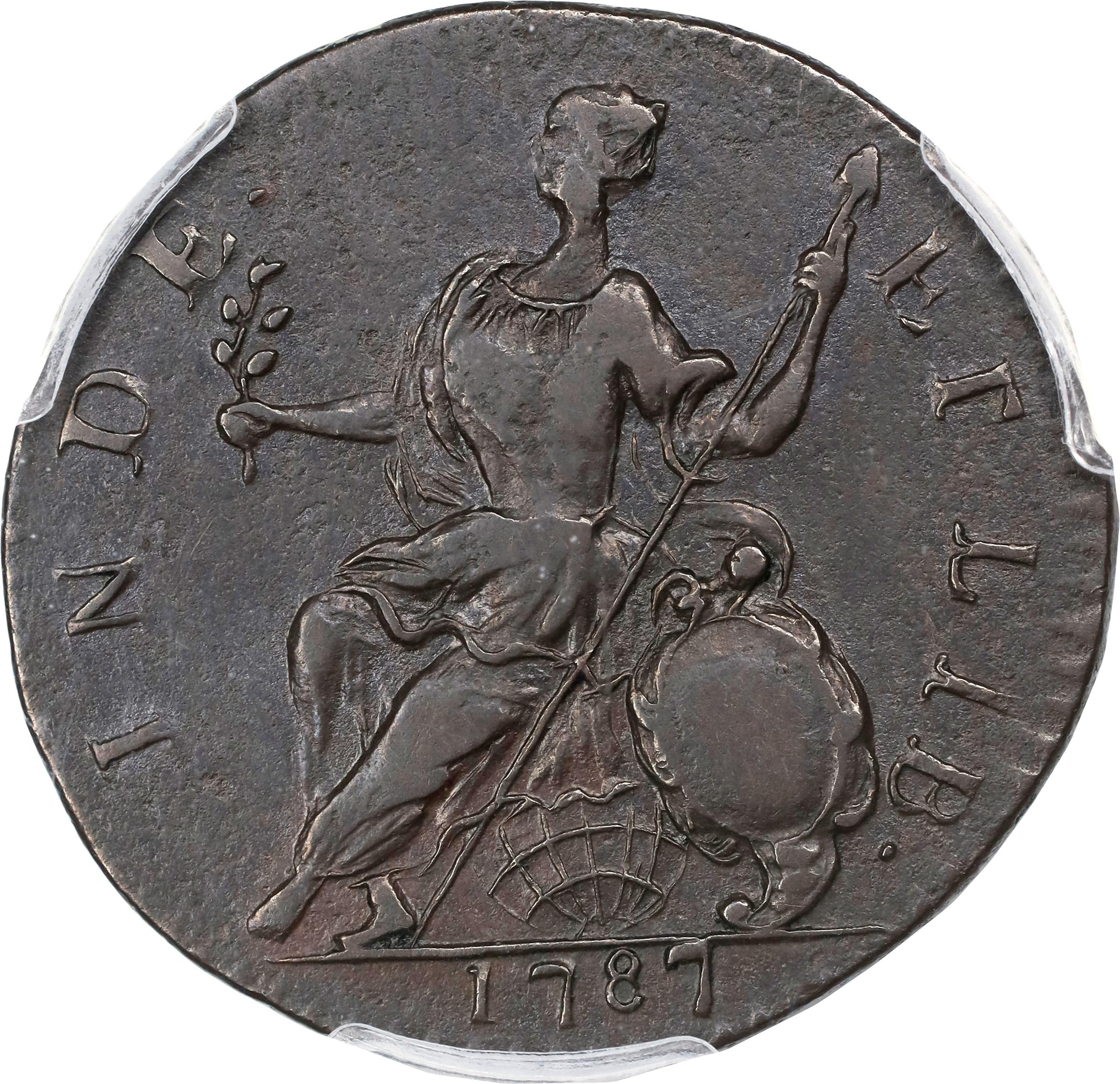 image for: 1787 Connecticut Copper. Miller 4-L, W-2810. Rarity-1. Mailed Bust Left, Horned Bust. Early Die State. EF-45 (PCGS). Inked Attribution.