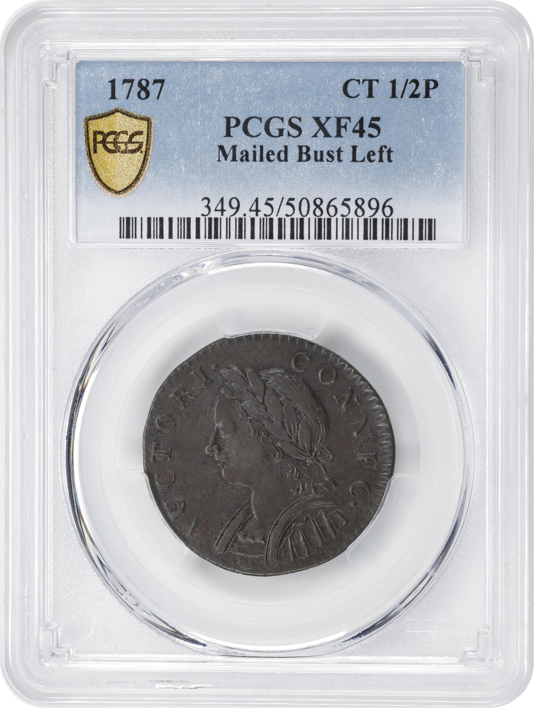 image for: 1787 Connecticut Copper. Miller 4-L, W-2810. Rarity-1. Mailed Bust Left, Horned Bust. Early Die State. EF-45 (PCGS). Inked Attribution.