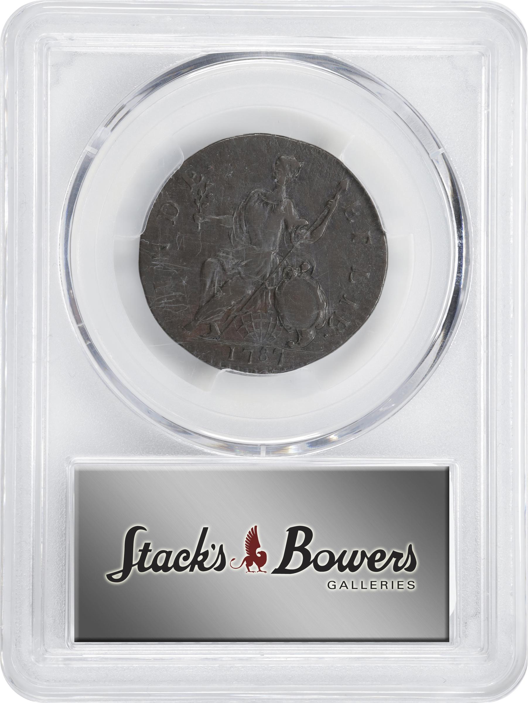 image for: 1787 Connecticut Copper. Miller 4-L, W-2810. Rarity-1. Mailed Bust Left, Horned Bust. Early Die State. EF-45 (PCGS). Inked Attribution.