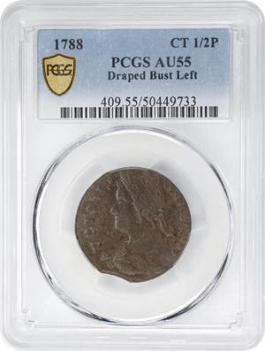 image for: 1788 Connecticut Copper. Miller 16.3-N, W-4610. Rarity-2. Draped Bust Left. AU-55 (PCGS).