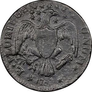 image for: 1787 Excelsior Copper. W-5780. Rarity-6+. Eagle on Globe Facing Right, Arrows at Right. EF Details--Environmental Damage (PCGS).