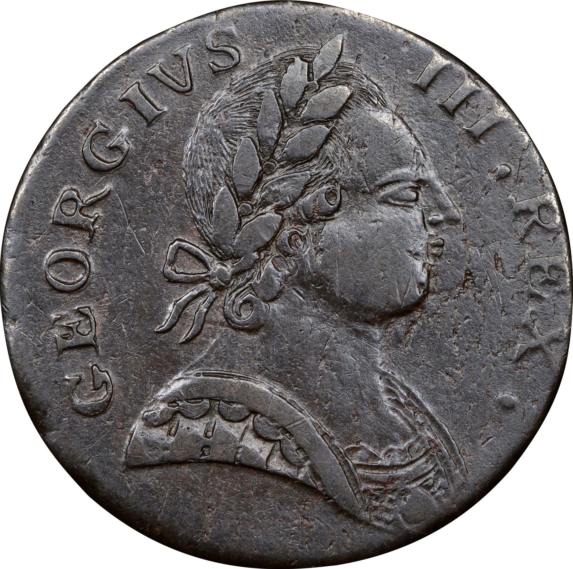 image for: 1778 Machin's Mills Halfpenny. Vlack 11-78A, W-7820. Rarity-3. GEORGIVS III, Group III. AU-50 (PCGS).