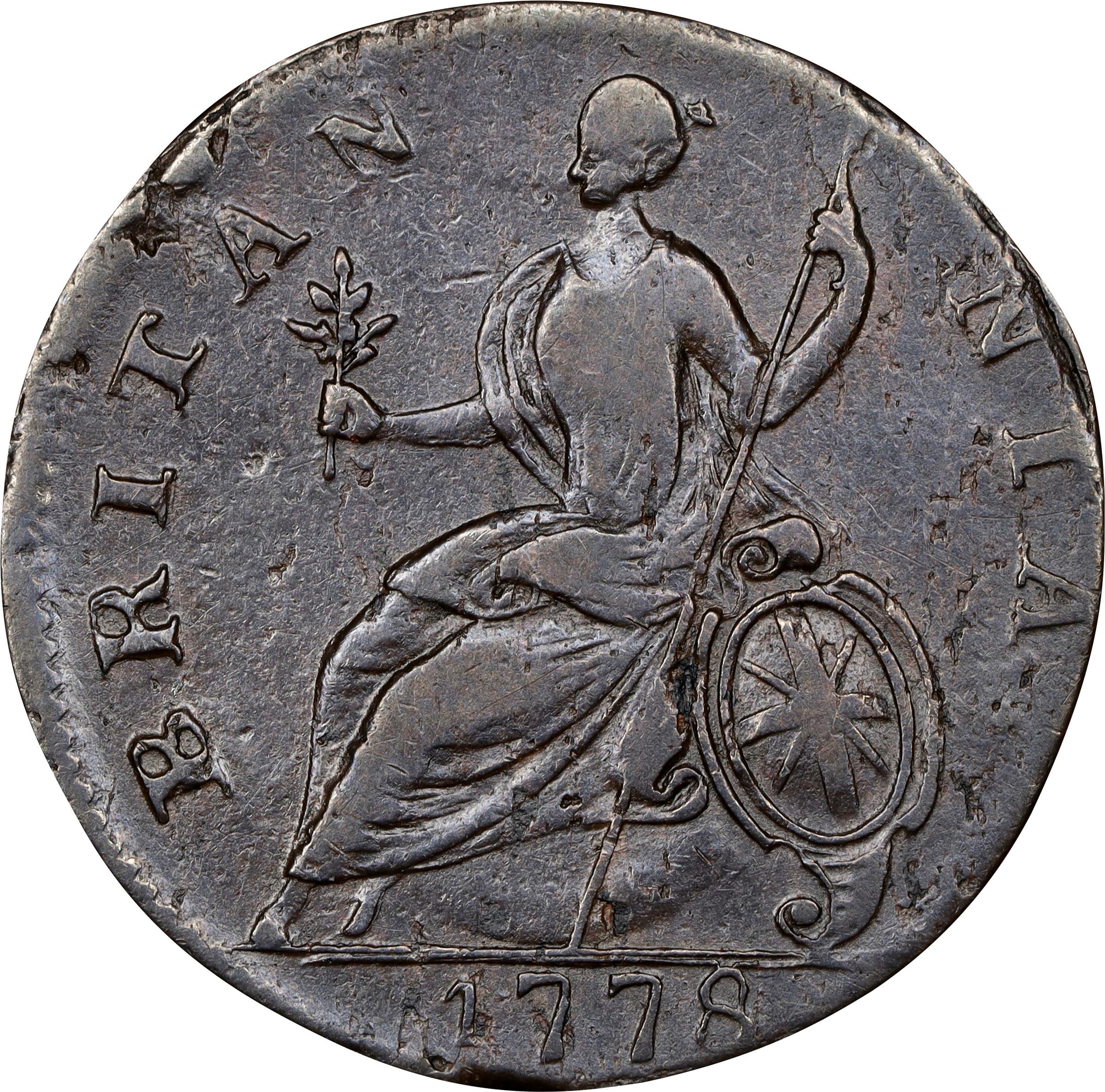 image for: 1778 Machin's Mills Halfpenny. Vlack 11-78A, W-7820. Rarity-3. GEORGIVS III, Group III. AU-50 (PCGS).