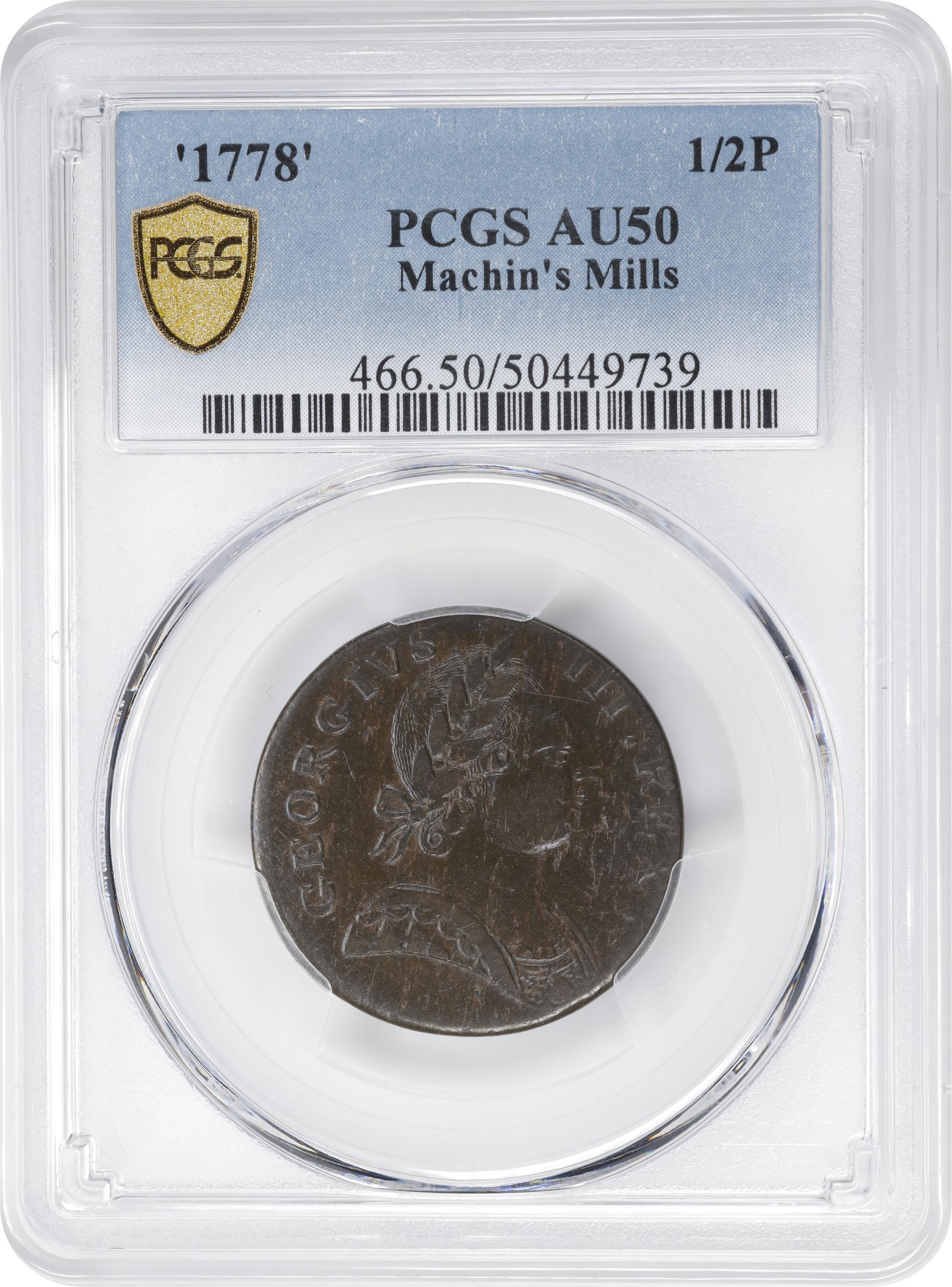 image for: 1778 Machin's Mills Halfpenny. Vlack 11-78A, W-7820. Rarity-3. GEORGIVS III, Group III. AU-50 (PCGS).