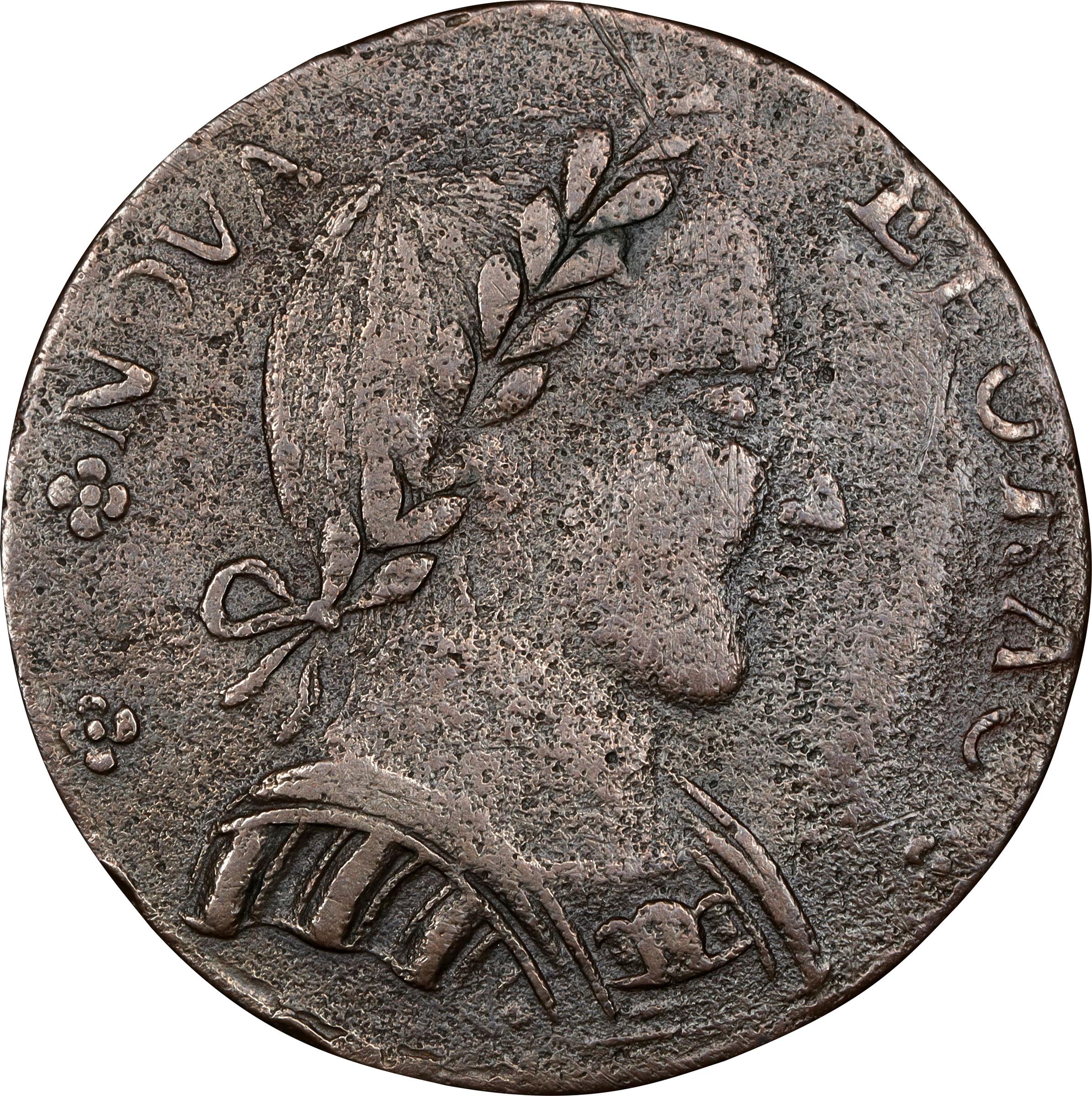 image for: 1787 Nova Eborac Copper. W-5750. Rarity-5+. Large Head. EF Details--Environmental Damage (PCGS).
