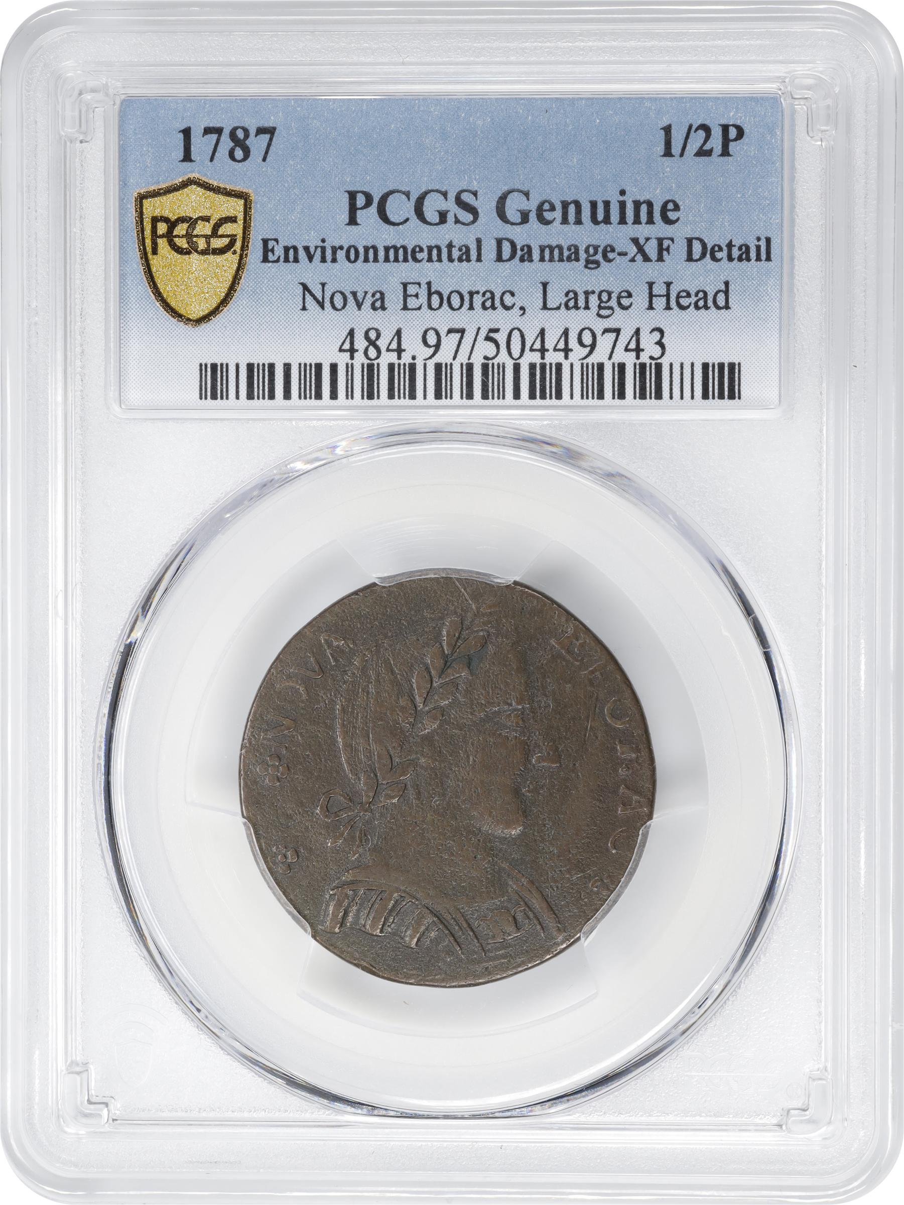 image for: 1787 Nova Eborac Copper. W-5750. Rarity-5+. Large Head. EF Details--Environmental Damage (PCGS).