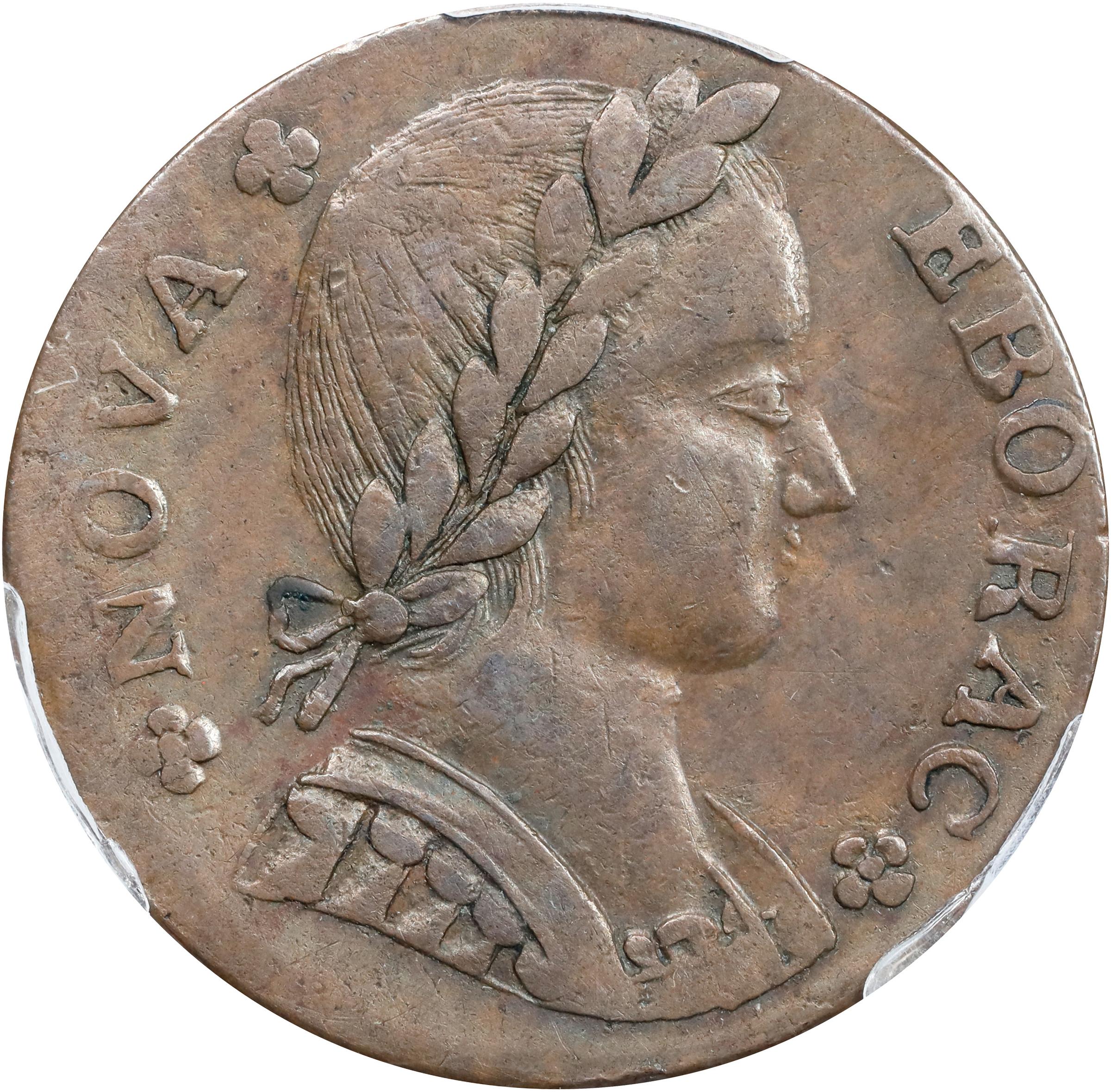 image for: 1787 Nova Eborac Copper. W-5755. Rarity-3. Medium Bust, Seated Figure Left. AU-55 (PCGS).