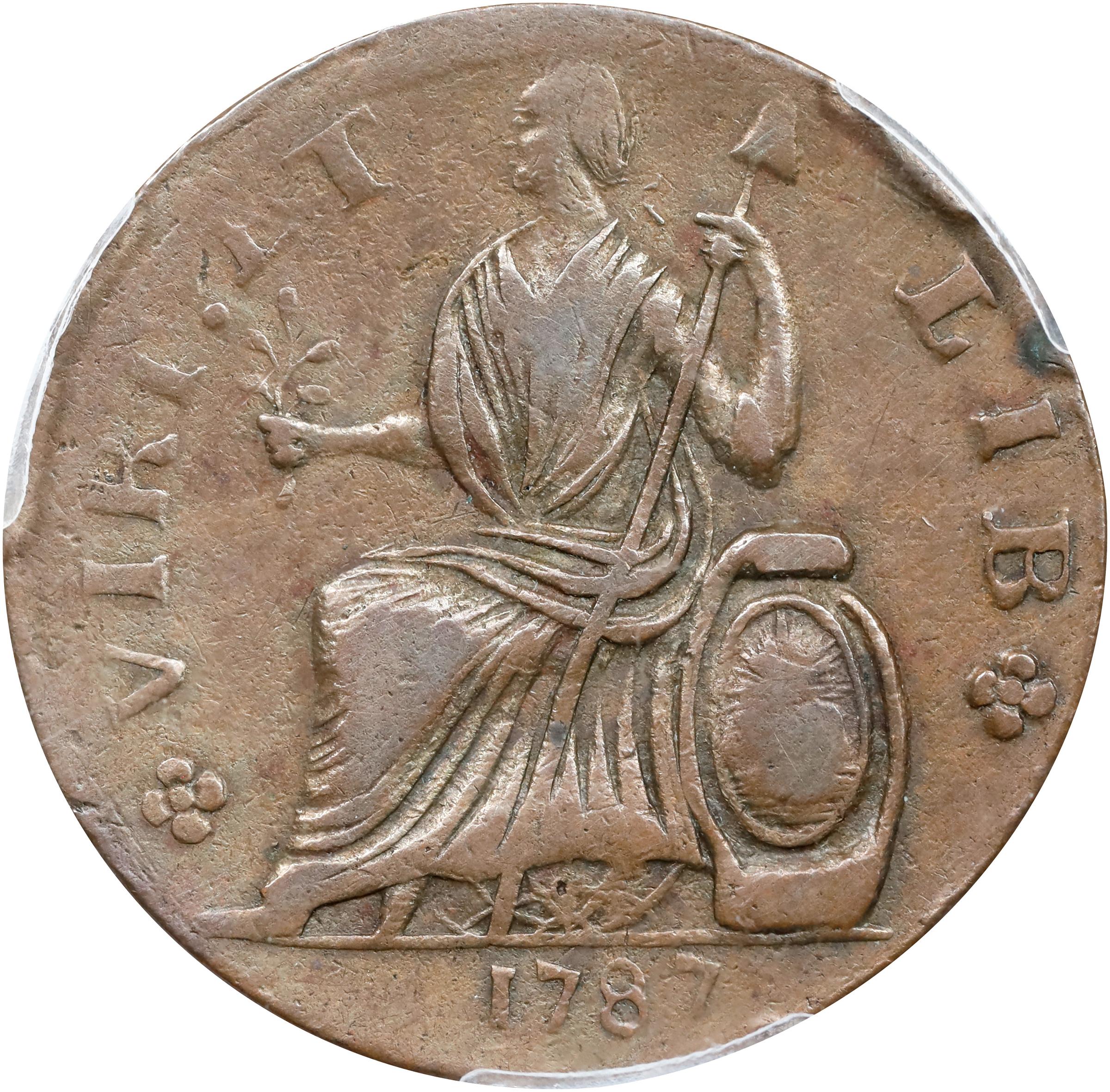 image for: 1787 Nova Eborac Copper. W-5755. Rarity-3. Medium Bust, Seated Figure Left. AU-55 (PCGS).