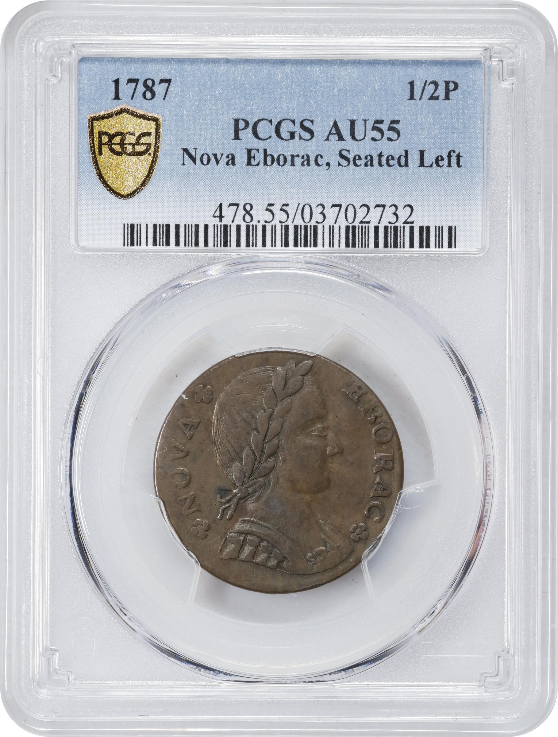 image for: 1787 Nova Eborac Copper. W-5755. Rarity-3. Medium Bust, Seated Figure Left. AU-55 (PCGS).