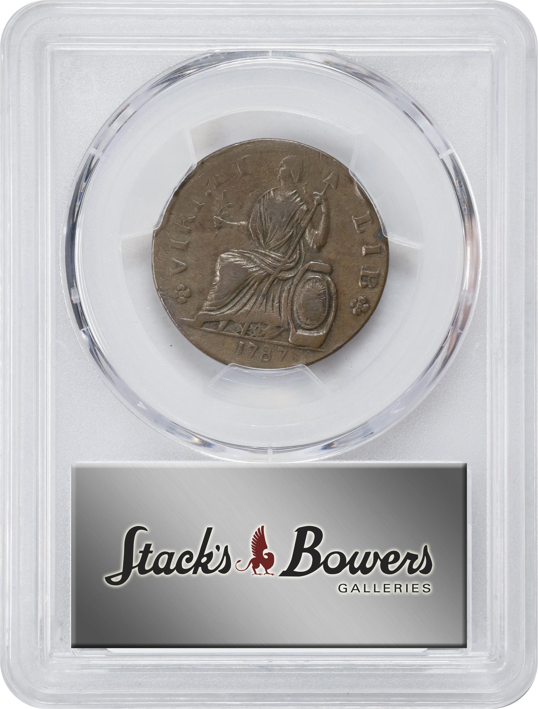 image for: 1787 Nova Eborac Copper. W-5755. Rarity-3. Medium Bust, Seated Figure Left. AU-55 (PCGS).