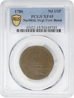 image for: 1786 New Jersey Copper. Maris 14-J, W-4810. Rarity-1. Straight Plow Beam, Stegosaurus Head. EF-45 (PCGS).