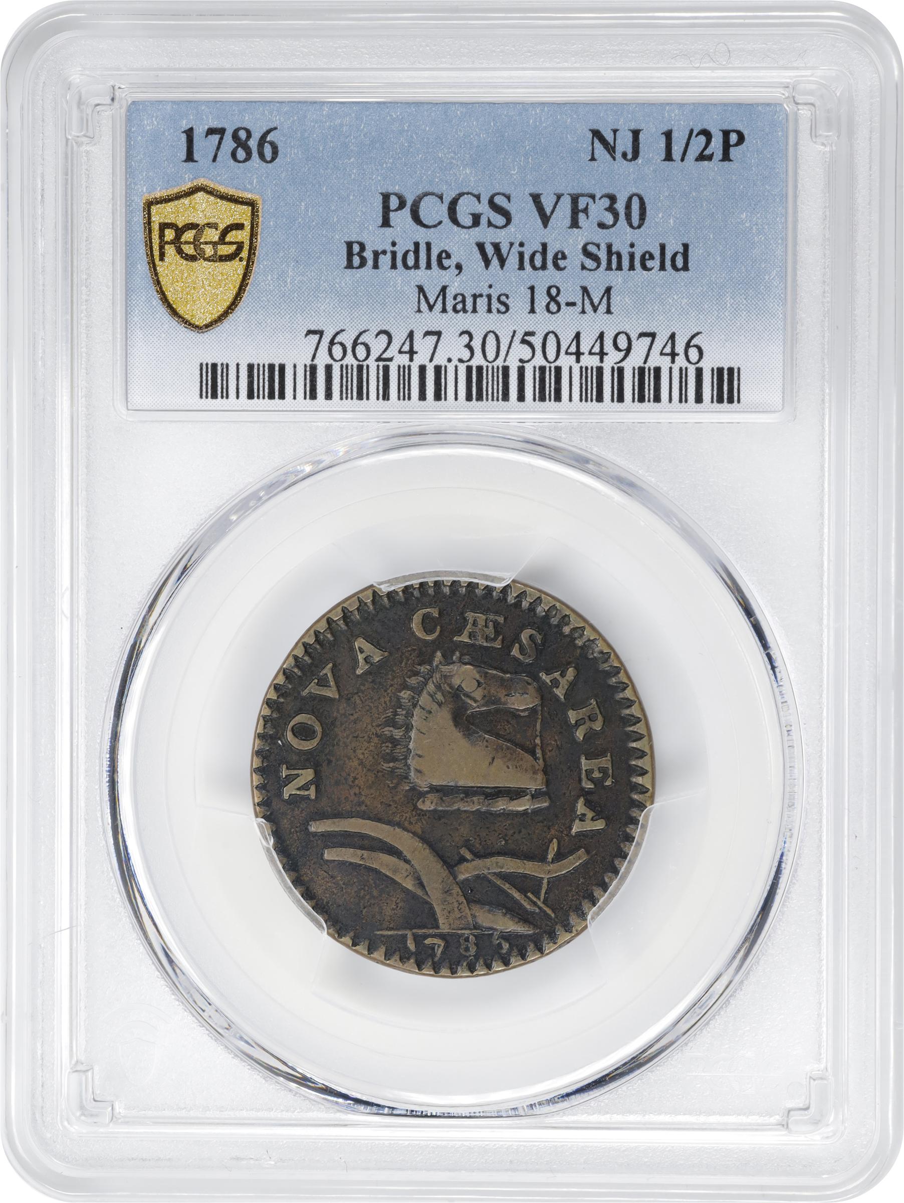 image for: 1786 New Jersey Copper. Maris 18-M, W-4890. Rarity-2. Bridle, Wide Shield. VF-30 (PCGS).