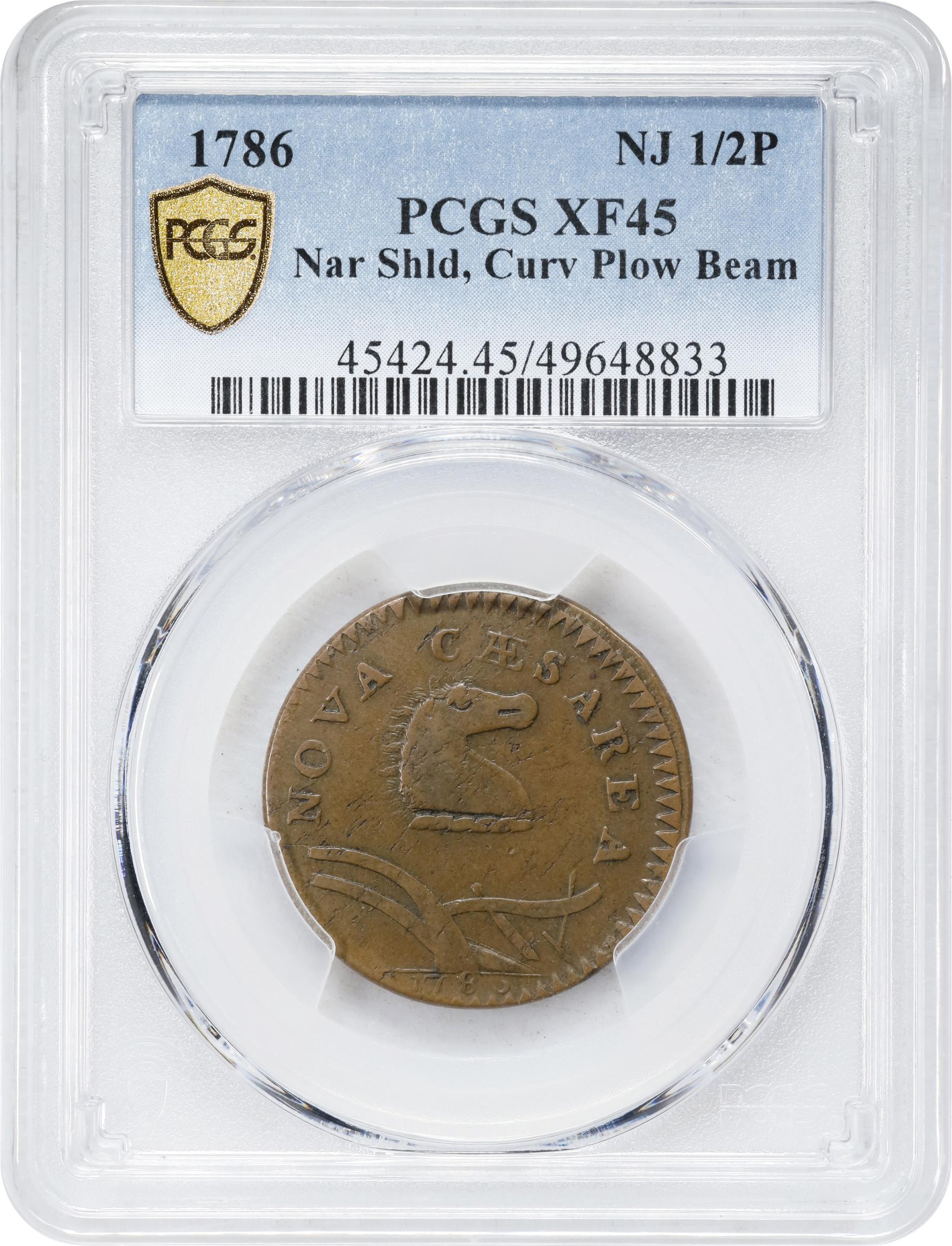 image for: 1786 New Jersey Copper. Maris 23-R, W-4945. Rarity-3. Curved Plow Beam, Narrow Shield, Blundered Six. EF-45 (PCGS).