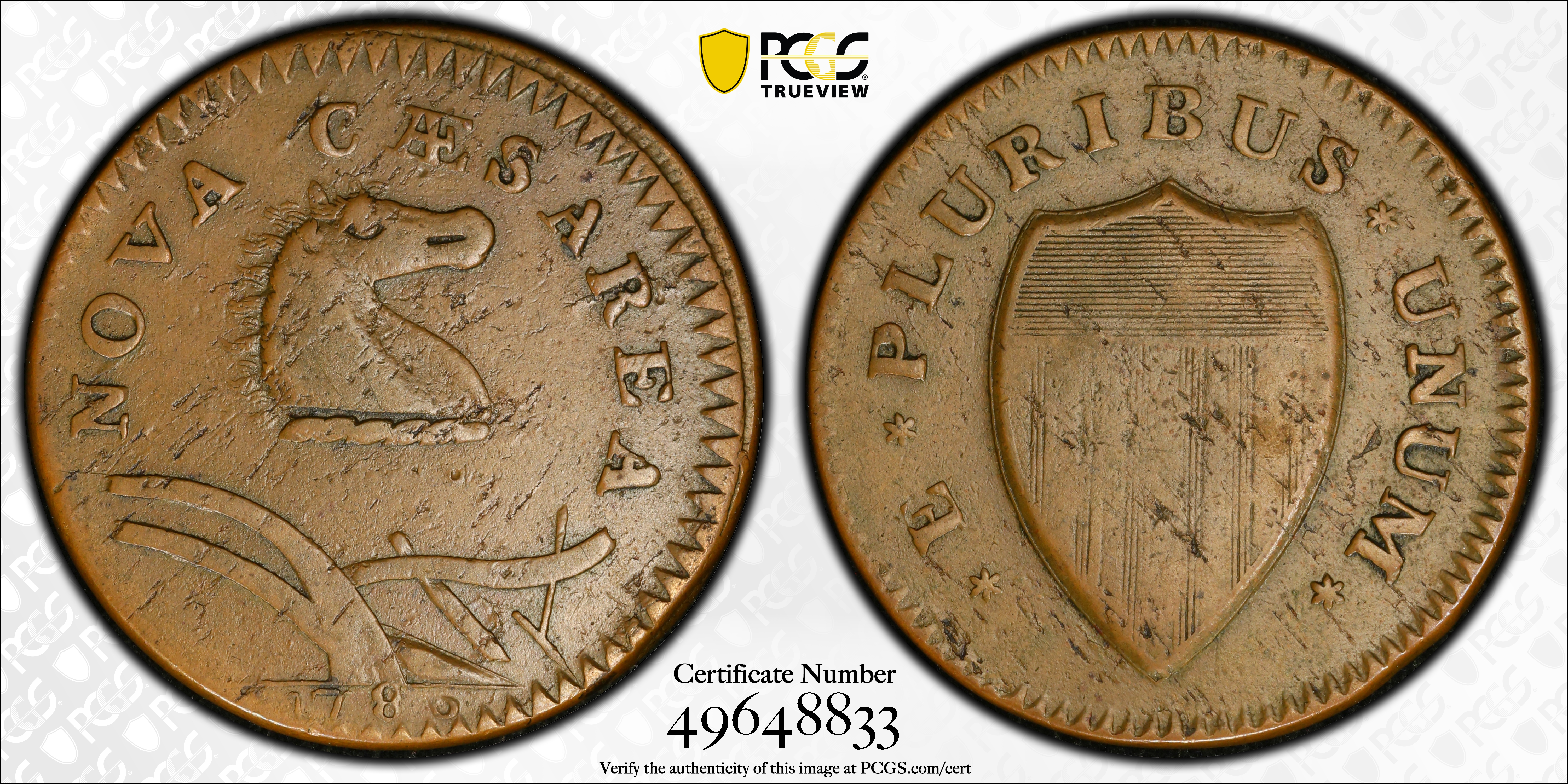image for: 1786 New Jersey Copper. Maris 23-R, W-4945. Rarity-3. Curved Plow Beam, Narrow Shield, Blundered Six. EF-45 (PCGS).