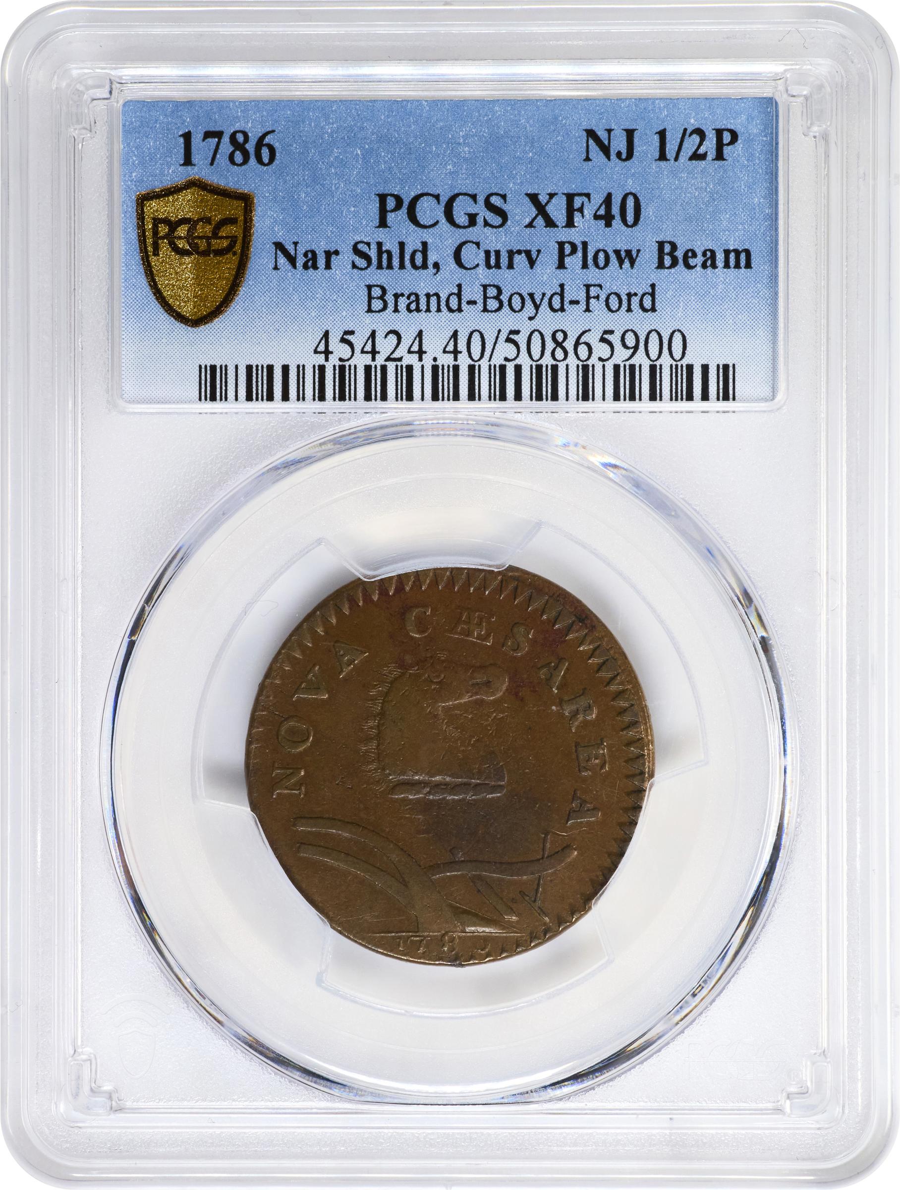 image for: 1786 New Jersey Copper. Maris 23-R, W-4945. Rarity-3. Curved Plow Beam, Narrow Shield, Blundered Six. EF-40 (PCGS).