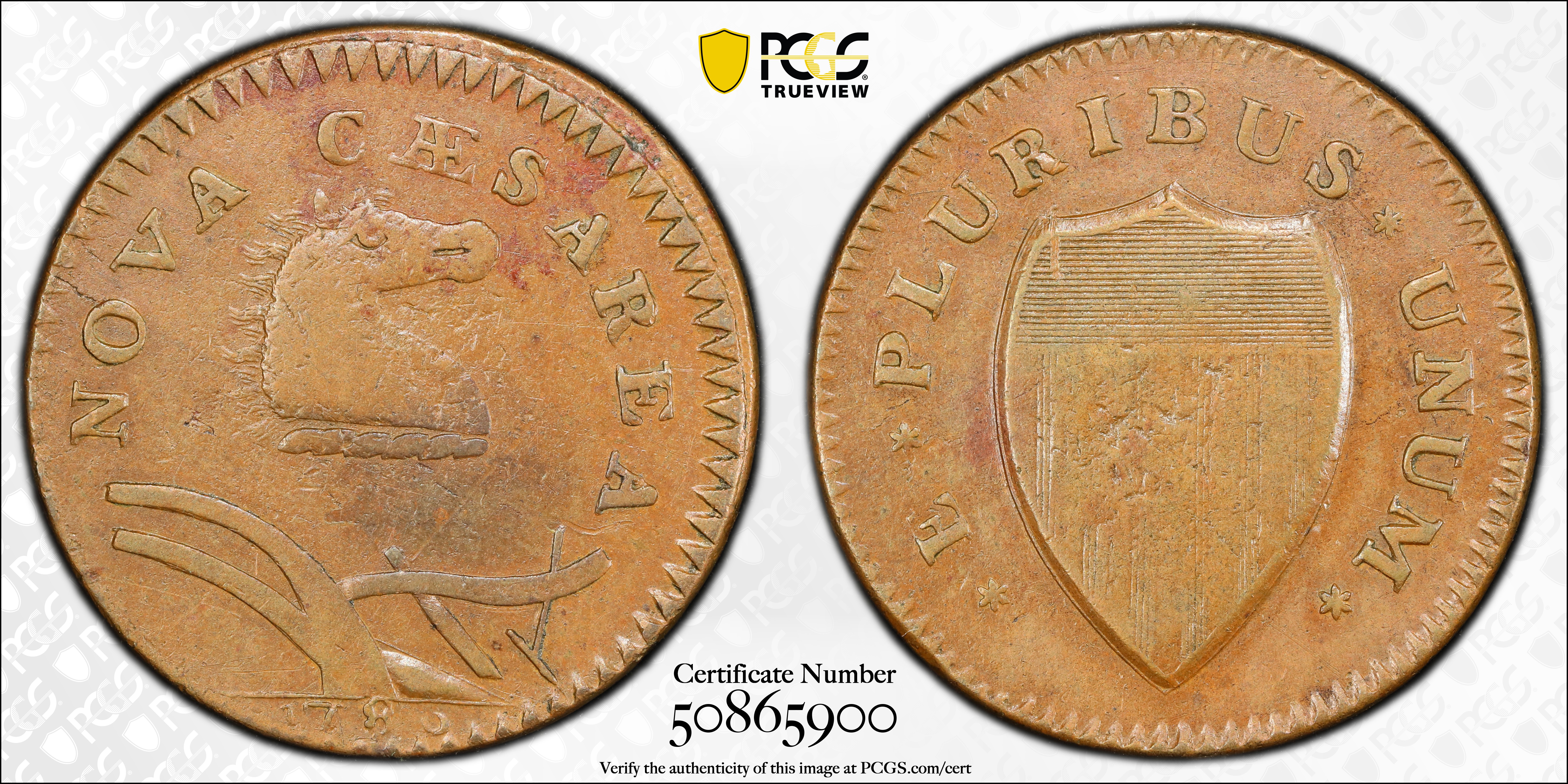 image for: 1786 New Jersey Copper. Maris 23-R, W-4945. Rarity-3. Curved Plow Beam, Narrow Shield, Blundered Six. EF-40 (PCGS).
