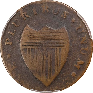 image for: 1786 New Jersey Copper. Maris 26-S, W-4985. Rarity-5. Straight Plow Beam, Blundered 6. Fine-12 (PCGS).