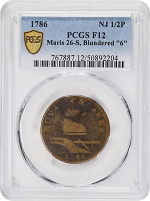 image for: 1786 New Jersey Copper. Maris 26-S, W-4985. Rarity-5. Straight Plow Beam, Blundered 6. Fine-12 (PCGS).