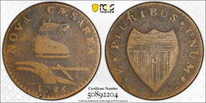 image for: 1786 New Jersey Copper. Maris 26-S, W-4985. Rarity-5. Straight Plow Beam, Blundered 6. Fine-12 (PCGS).
