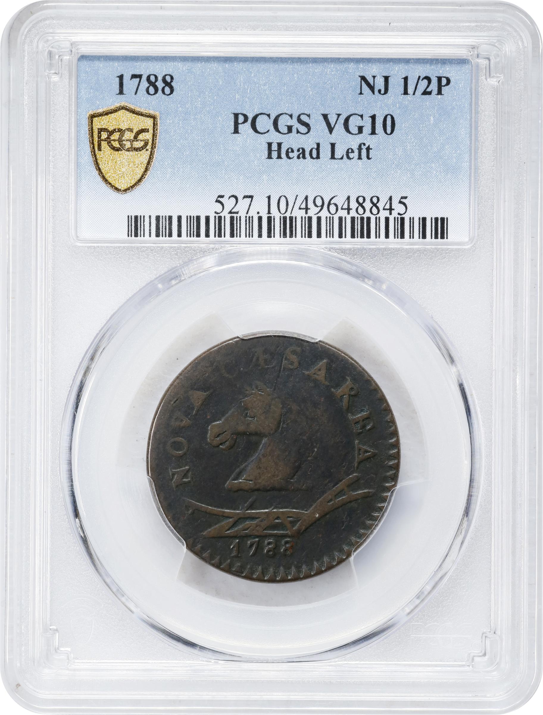image for: 1788 New Jersey Copper. Maris 50-f, W-5475. Rarity-3. Head Left. VG-10 (PCGS).