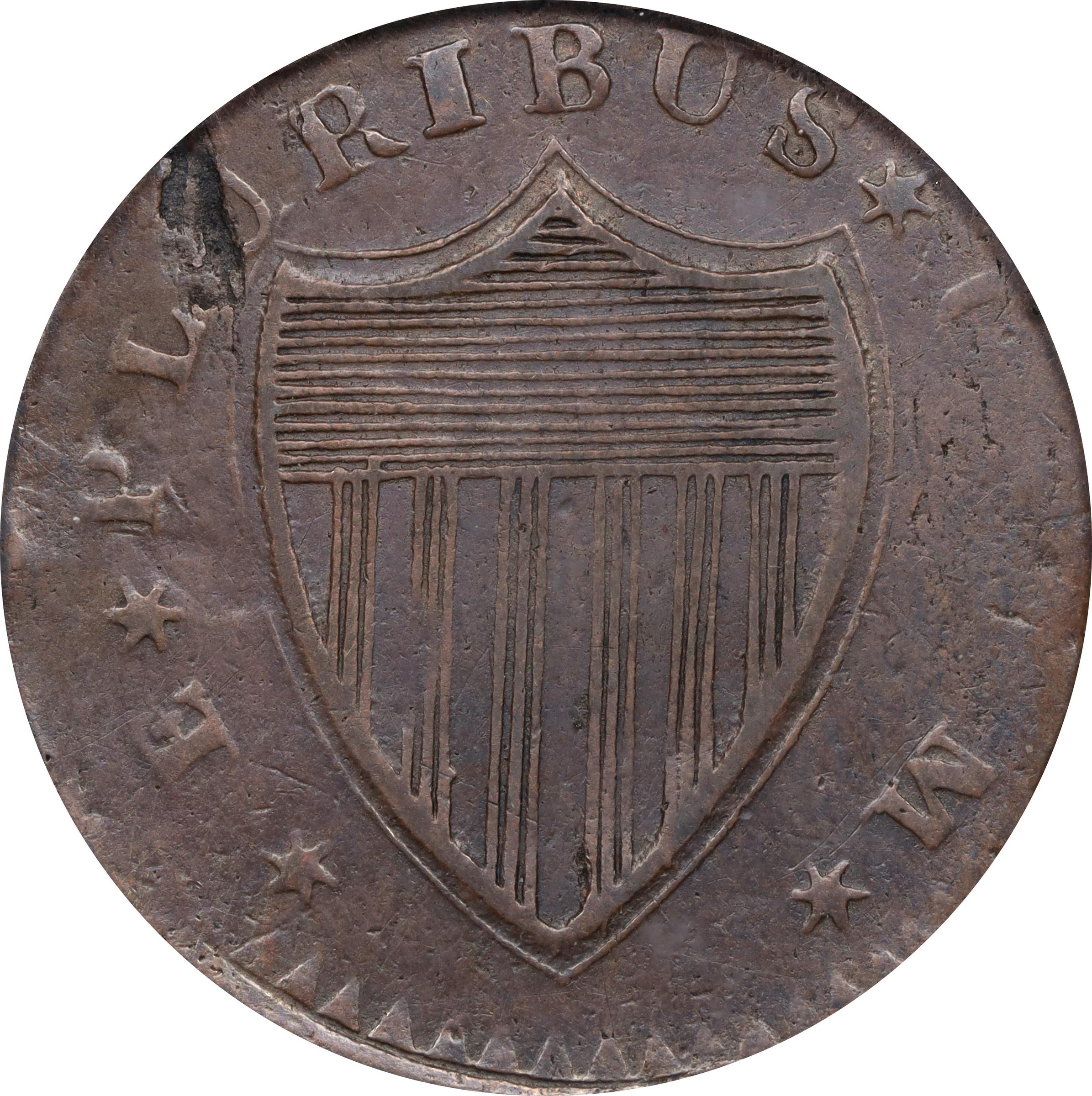 image for: 1787 New Jersey Copper. Maris 54-k, W-5295. Rarity-3. No Sprig Above Plow, Serpent Head. VF-35 (PCGS). OGH.