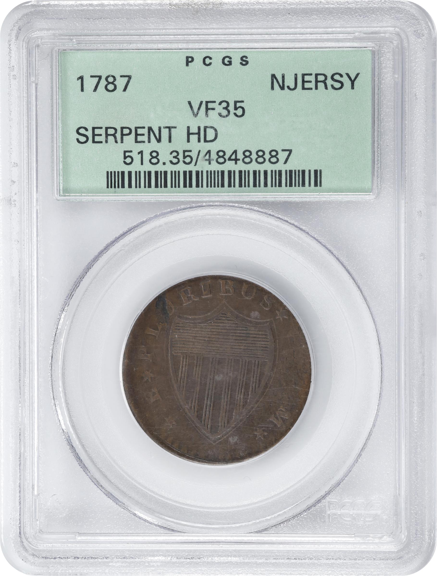 image for: 1787 New Jersey Copper. Maris 54-k, W-5295. Rarity-3. No Sprig Above Plow, Serpent Head. VF-35 (PCGS). OGH.
