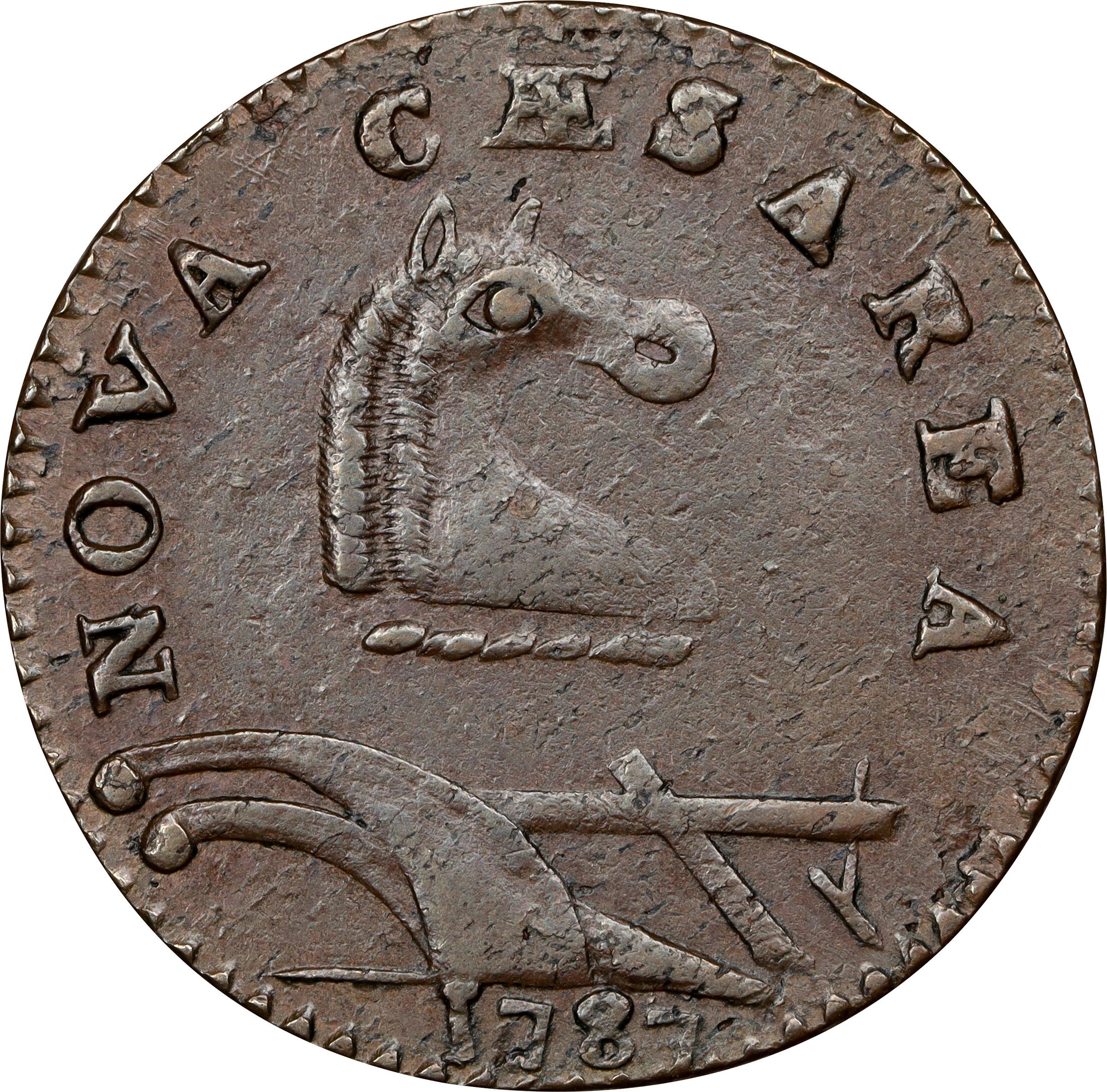 image for: 1787 New Jersey Copper. Maris 55-m, W-5305. Rarity-4. No Sprig Above Plow, Second U/S in PLURIBUS. AU-50 (PCGS).