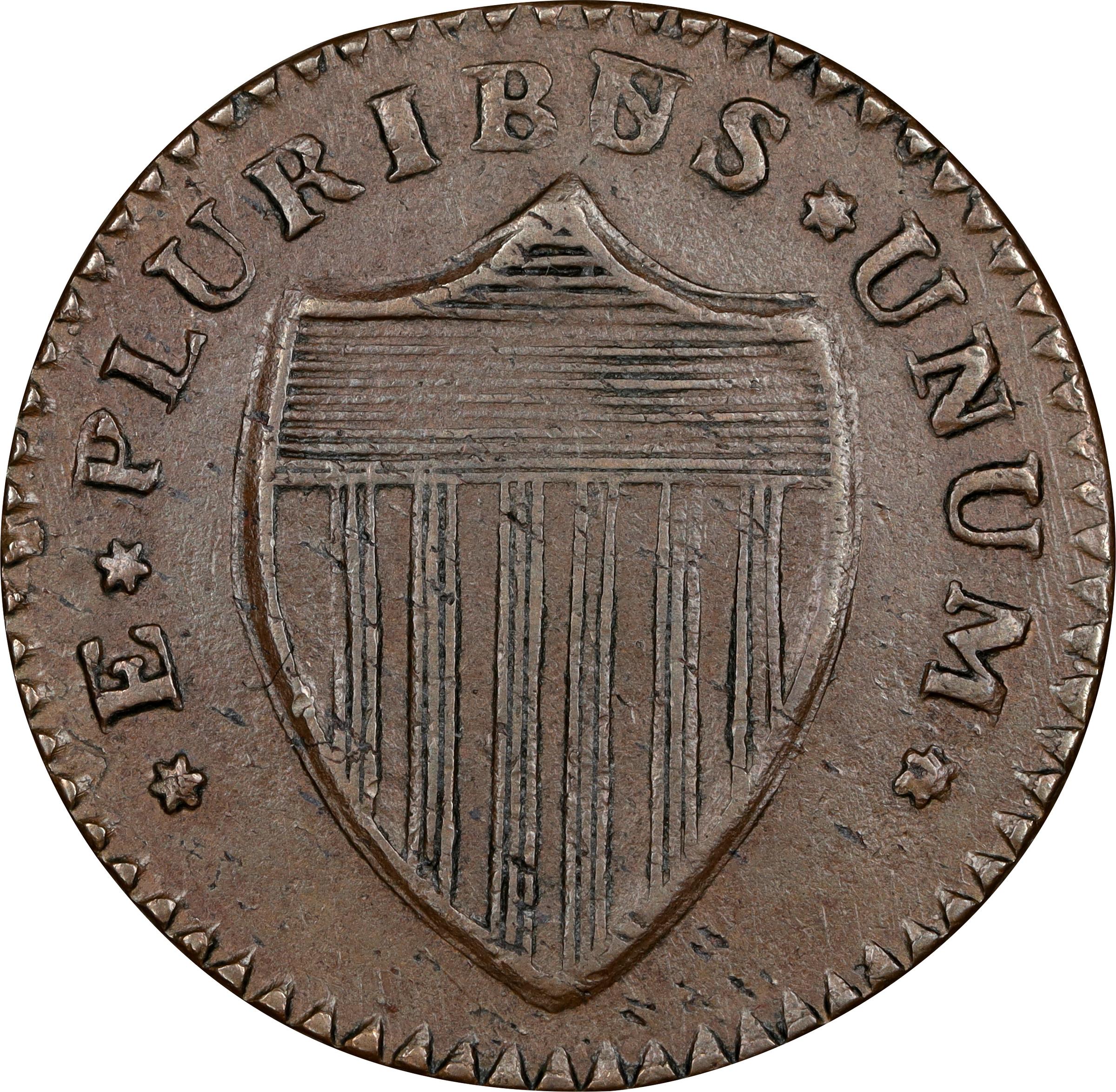 image for: 1787 New Jersey Copper. Maris 55-m, W-5305. Rarity-4. No Sprig Above Plow, Second U/S in PLURIBUS. AU-50 (PCGS).