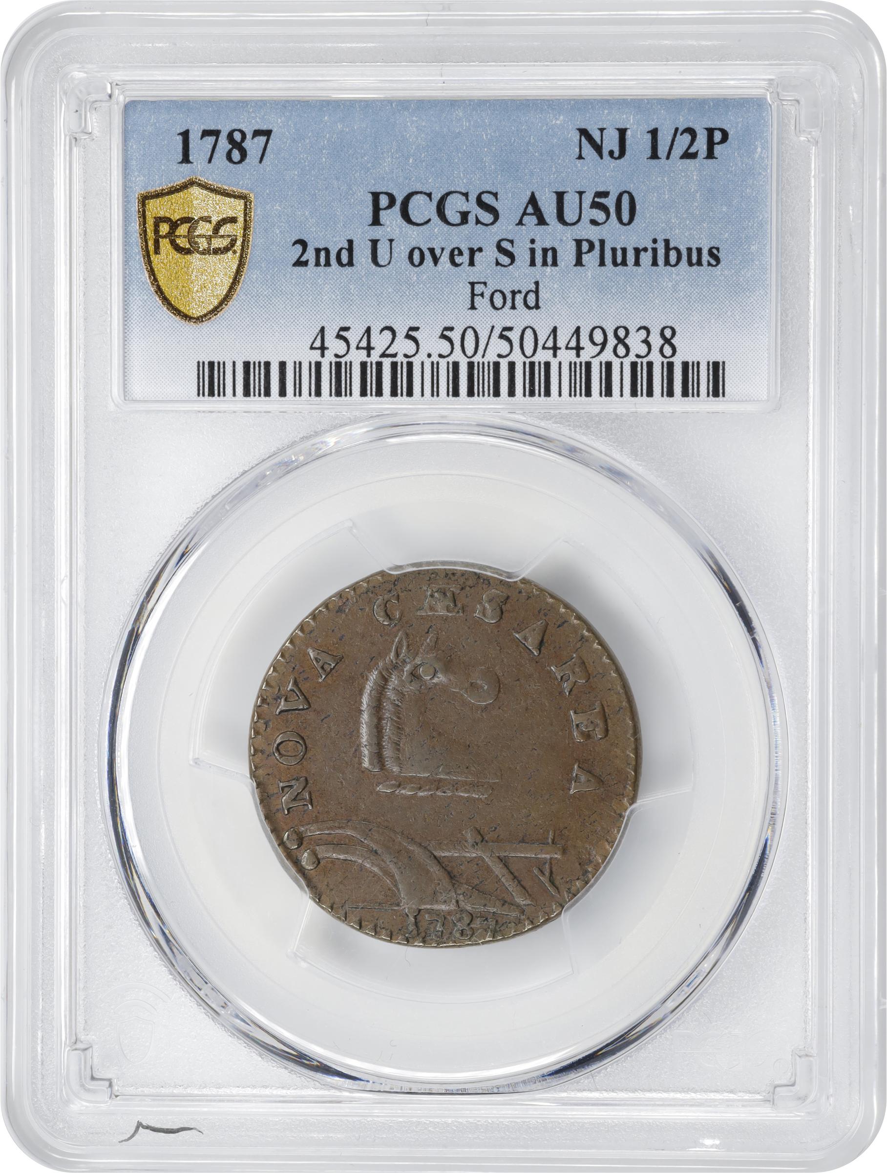 image for: 1787 New Jersey Copper. Maris 55-m, W-5305. Rarity-4. No Sprig Above Plow, Second U/S in PLURIBUS. AU-50 (PCGS).