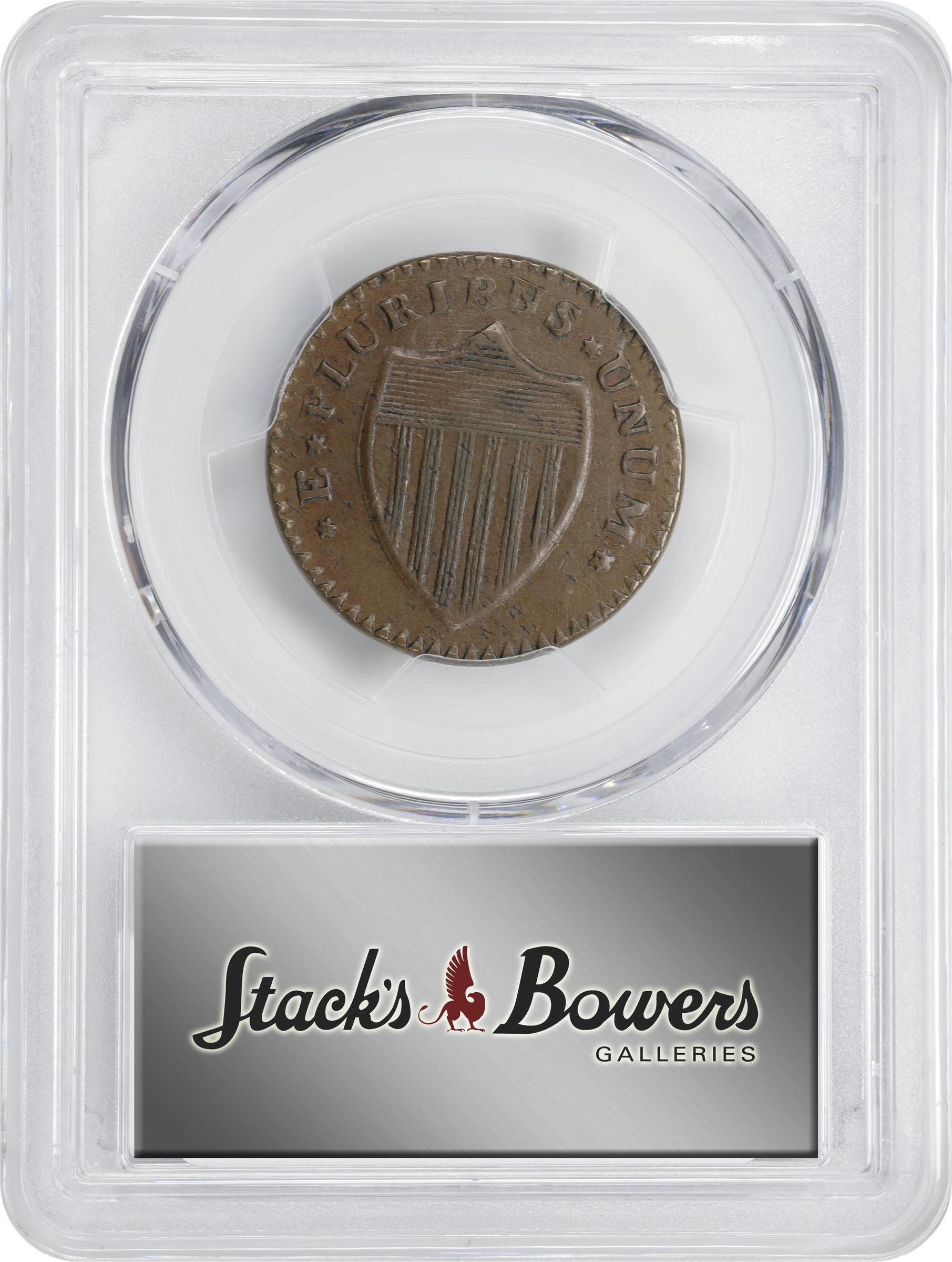 image for: 1787 New Jersey Copper. Maris 55-m, W-5305. Rarity-4. No Sprig Above Plow, Second U/S in PLURIBUS. AU-50 (PCGS).