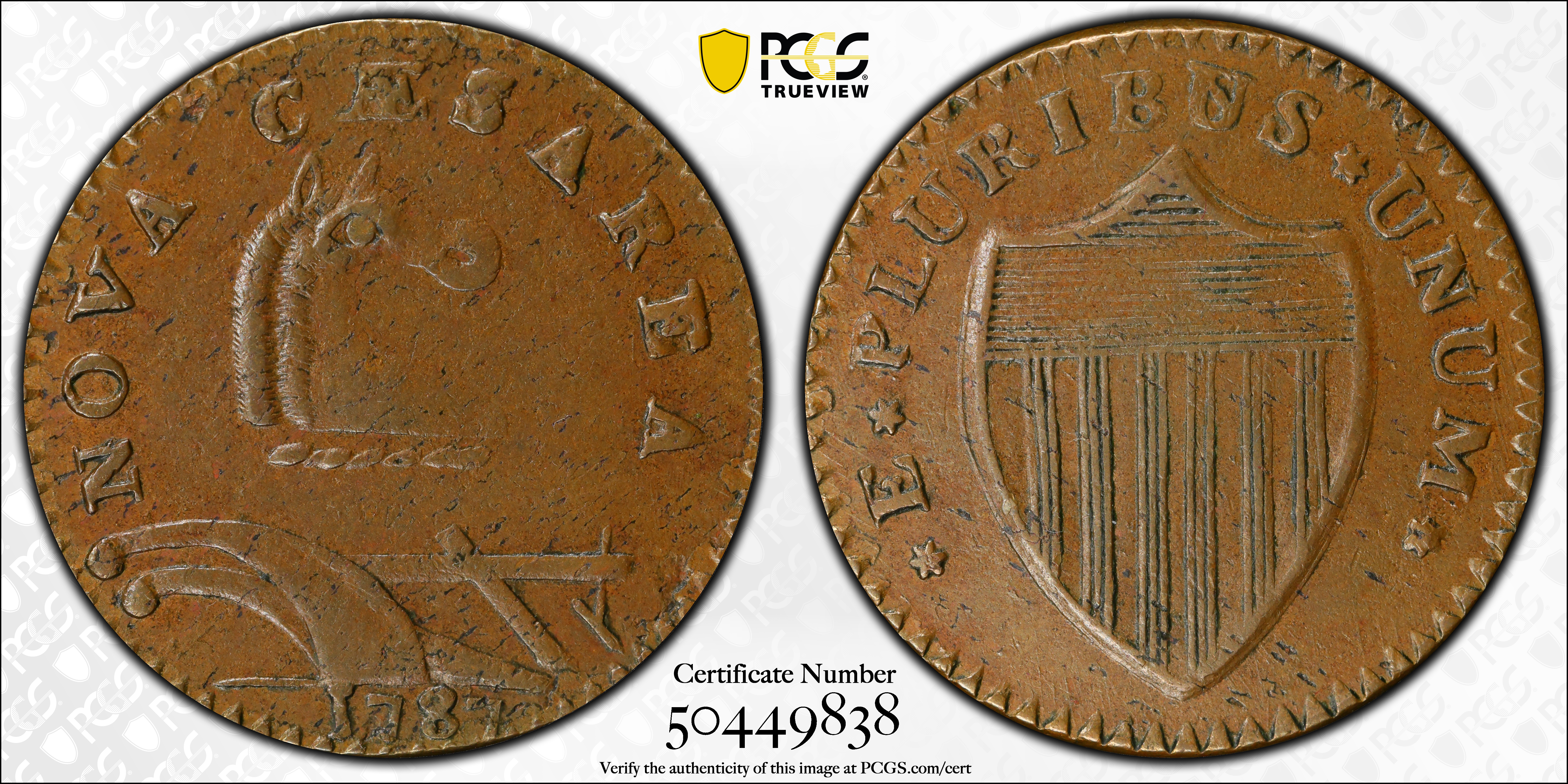 image for: 1787 New Jersey Copper. Maris 55-m, W-5305. Rarity-4. No Sprig Above Plow, Second U/S in PLURIBUS. AU-50 (PCGS).