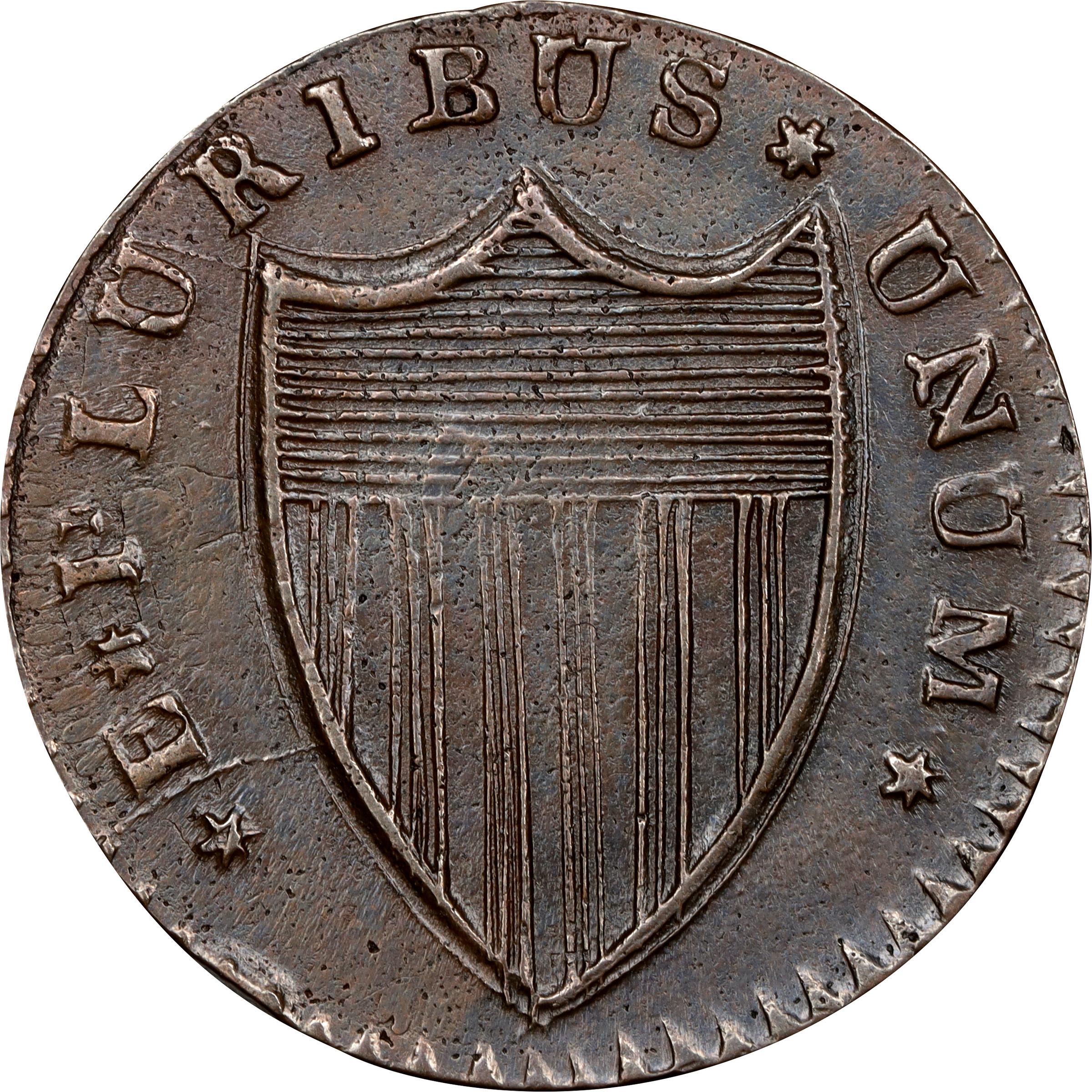 image for: 1787 New Jersey Copper. Maris 56-n, W-5310. Rarity-1. No Sprig Above Plow, Camel Head. Overstruck on a Contemporary Counterfeit Irish Halfpenny. AU-50 (PCGS).