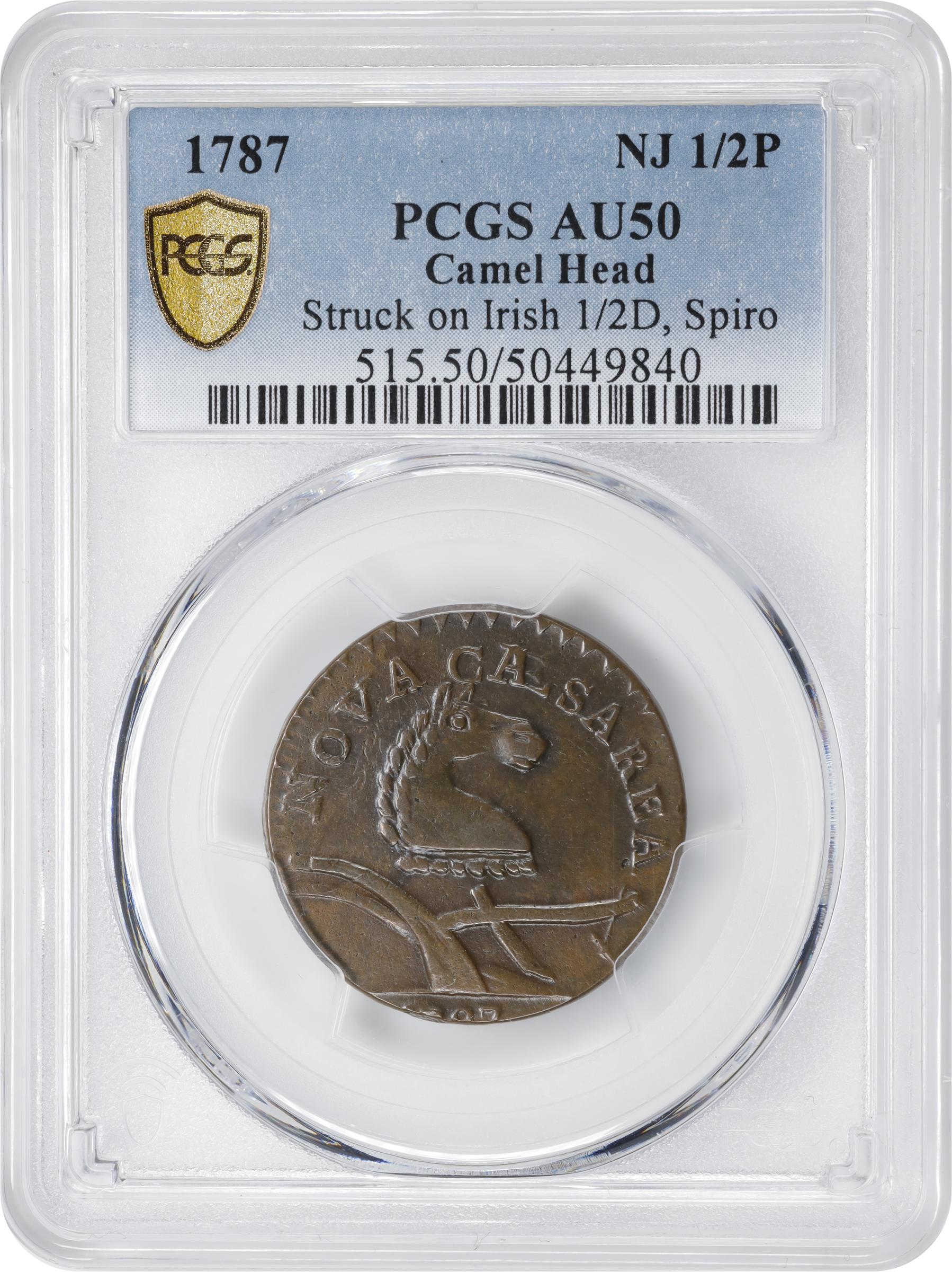 image for: 1787 New Jersey Copper. Maris 56-n, W-5310. Rarity-1. No Sprig Above Plow, Camel Head. Overstruck on a Contemporary Counterfeit Irish Halfpenny. AU-50 (PCGS).