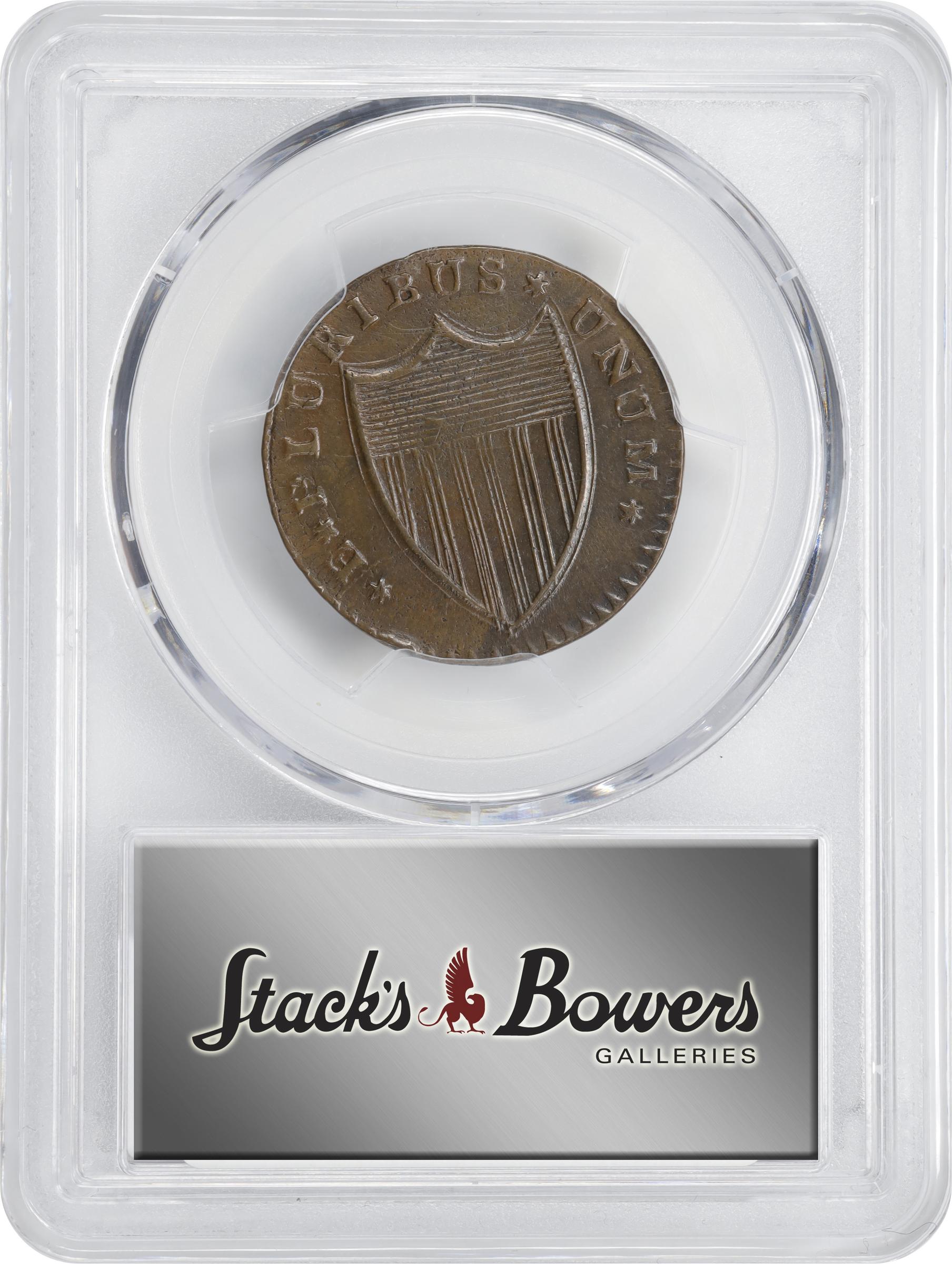 image for: 1787 New Jersey Copper. Maris 56-n, W-5310. Rarity-1. No Sprig Above Plow, Camel Head. Overstruck on a Contemporary Counterfeit Irish Halfpenny. AU-50 (PCGS).