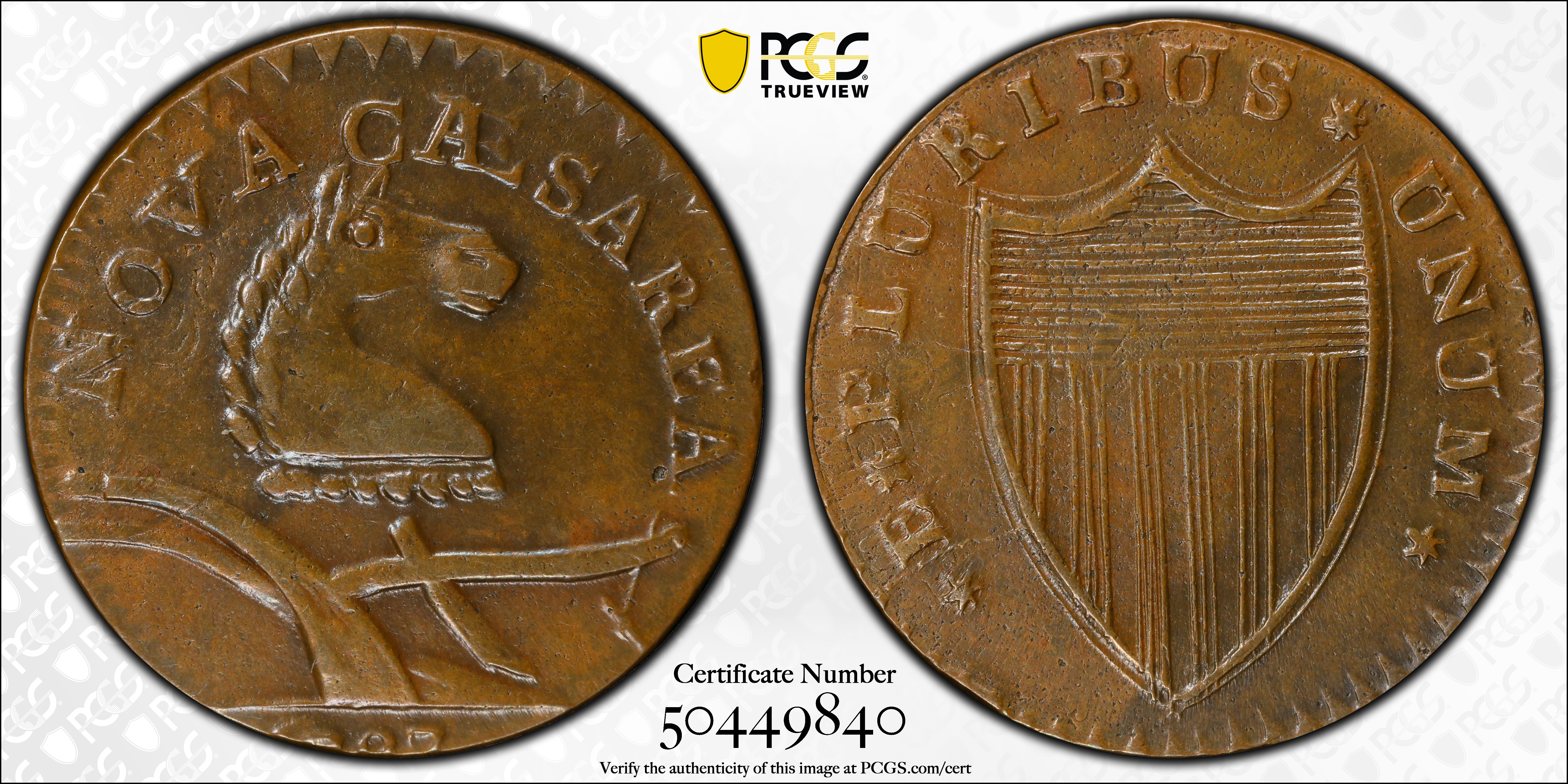 image for: 1787 New Jersey Copper. Maris 56-n, W-5310. Rarity-1. No Sprig Above Plow, Camel Head. Overstruck on a Contemporary Counterfeit Irish Halfpenny. AU-50 (PCGS).