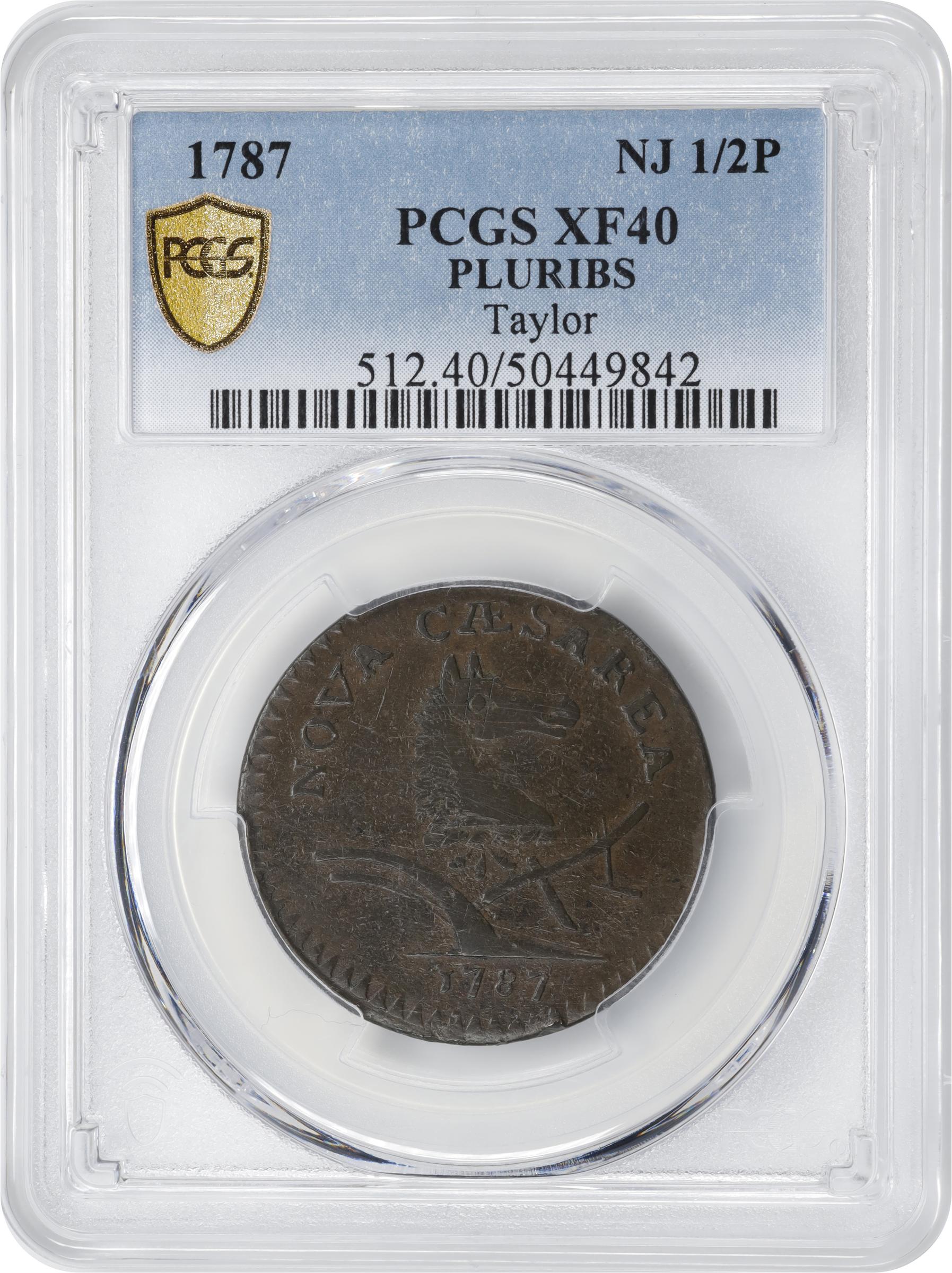 image for: 1787 New Jersey Copper. Maris 60-p, W-5340. Rarity-4. Sprig Above Plow, PLURIBS. Large Planchet. EF-40 (PCGS).