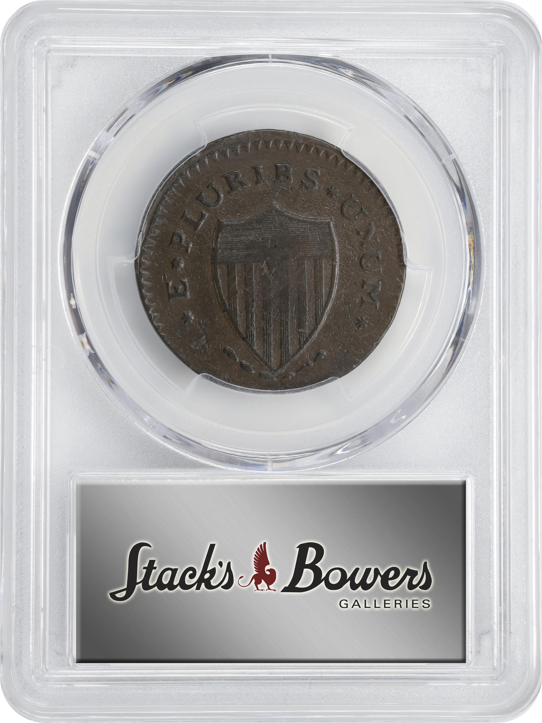 image for: 1787 New Jersey Copper. Maris 60-p, W-5340. Rarity-4. Sprig Above Plow, PLURIBS. Large Planchet. EF-40 (PCGS).