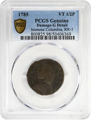 image for: 1785 Vermont Copper. RR-1, Bressett 26-Z, W-2250. Rarity-5. IMMUNE COLUMBIA. Good Details--Damage (PCGS).