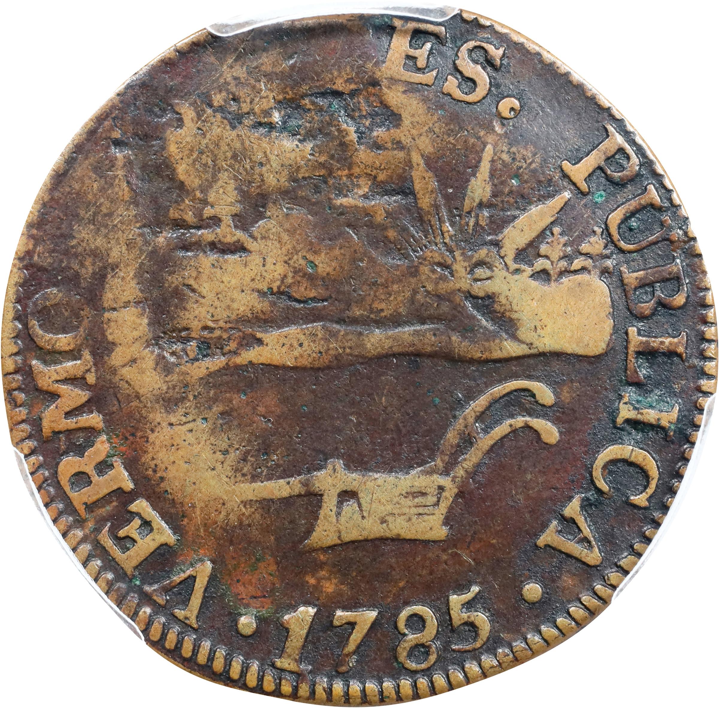 image for: 1785 Vermont Copper. Landscape. RR-4, Bressett 3-C, W-2015. Rarity-4. VERMONTIS. Fine Details--Environmental Damage (PCGS).