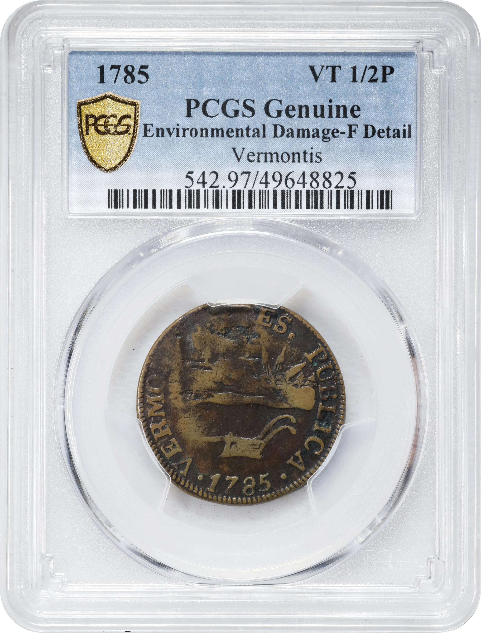 image for: 1785 Vermont Copper. Landscape. RR-4, Bressett 3-C, W-2015. Rarity-4. VERMONTIS. Fine Details--Environmental Damage (PCGS).