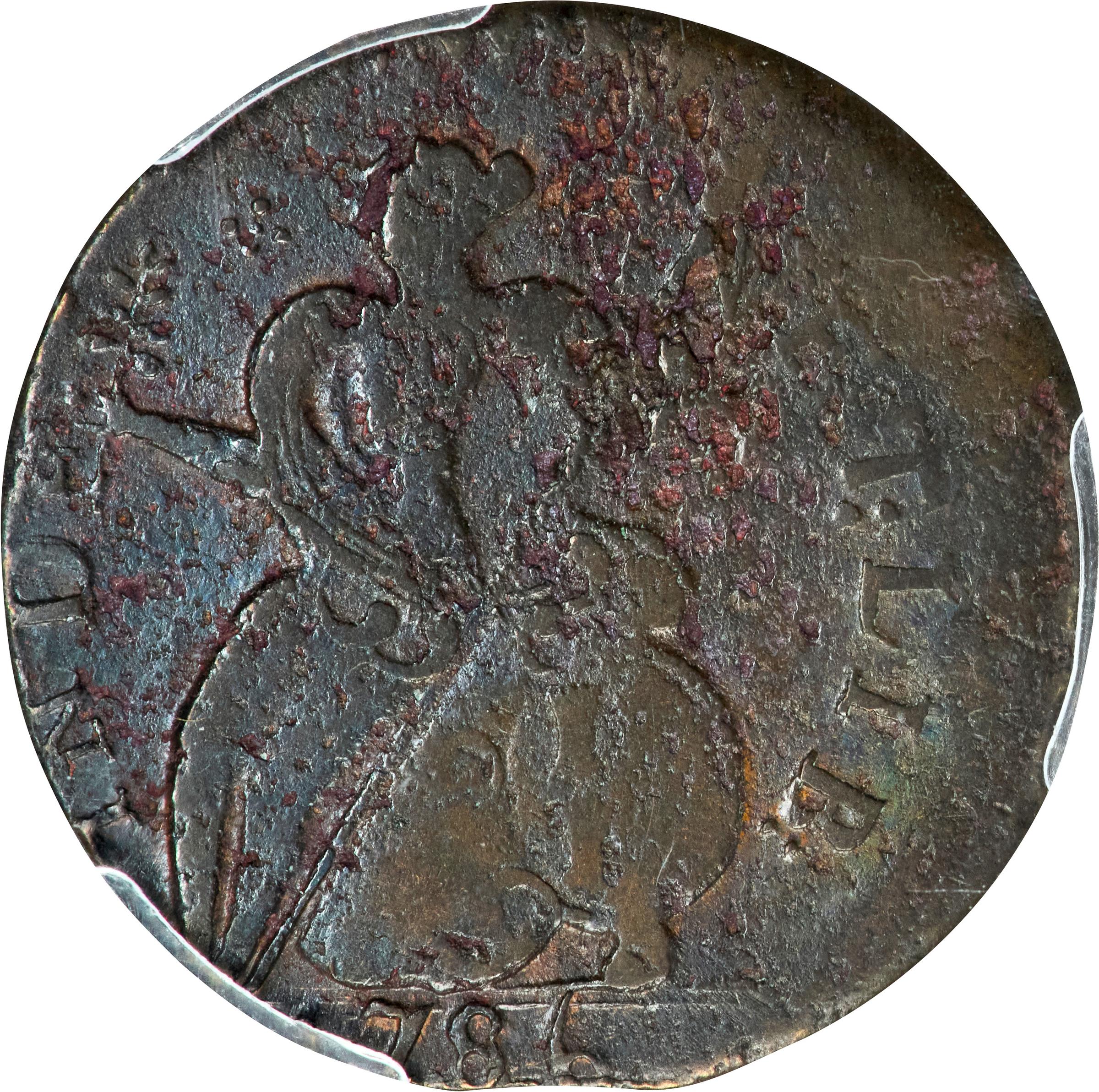 image for: 1786 Vermont Copper. RR-9, Bressett 7-F, W-2040. Rarity-3. Baby Head. EF Details--Environmental Damage (PCGS).