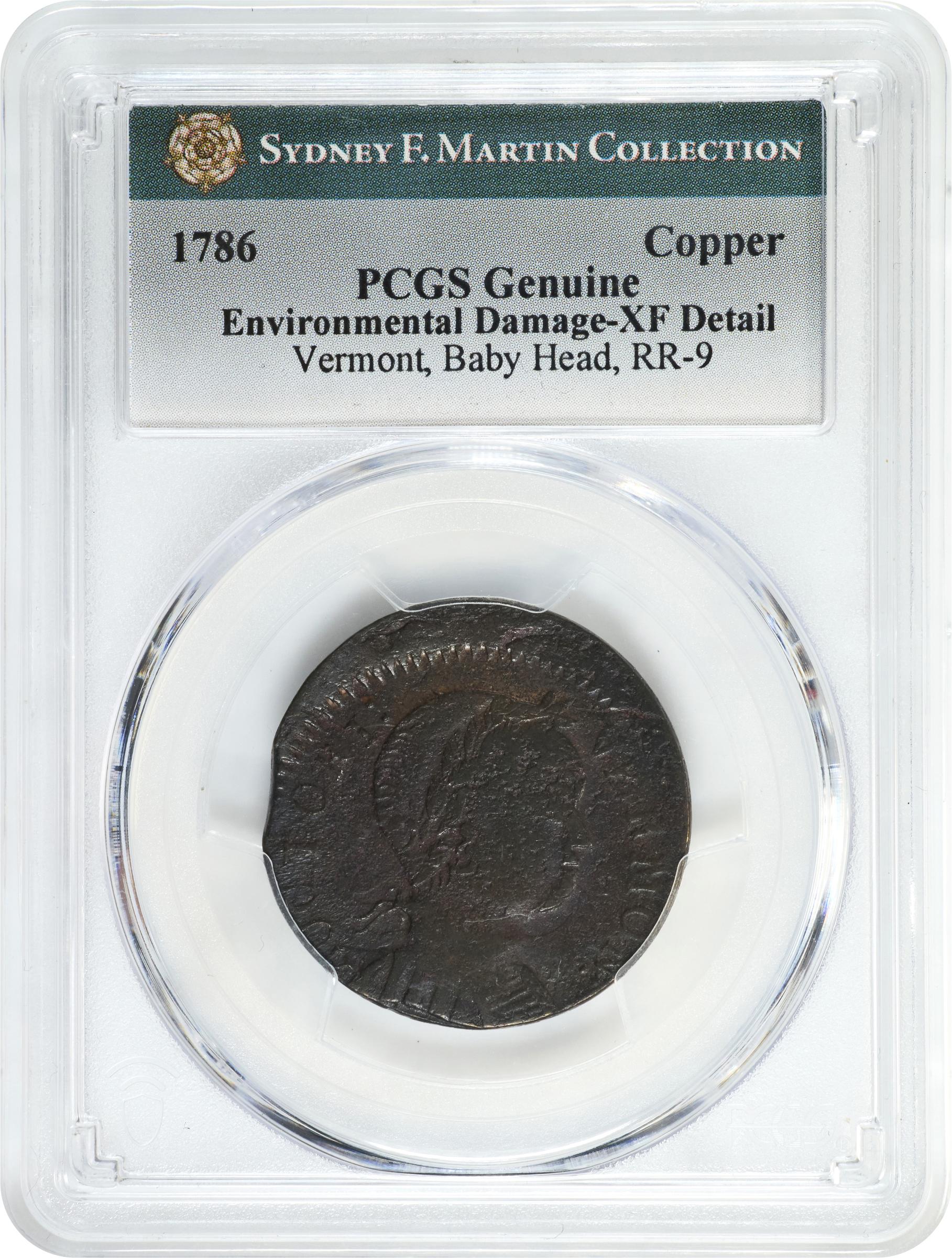image for: 1786 Vermont Copper. RR-9, Bressett 7-F, W-2040. Rarity-3. Baby Head. EF Details--Environmental Damage (PCGS).