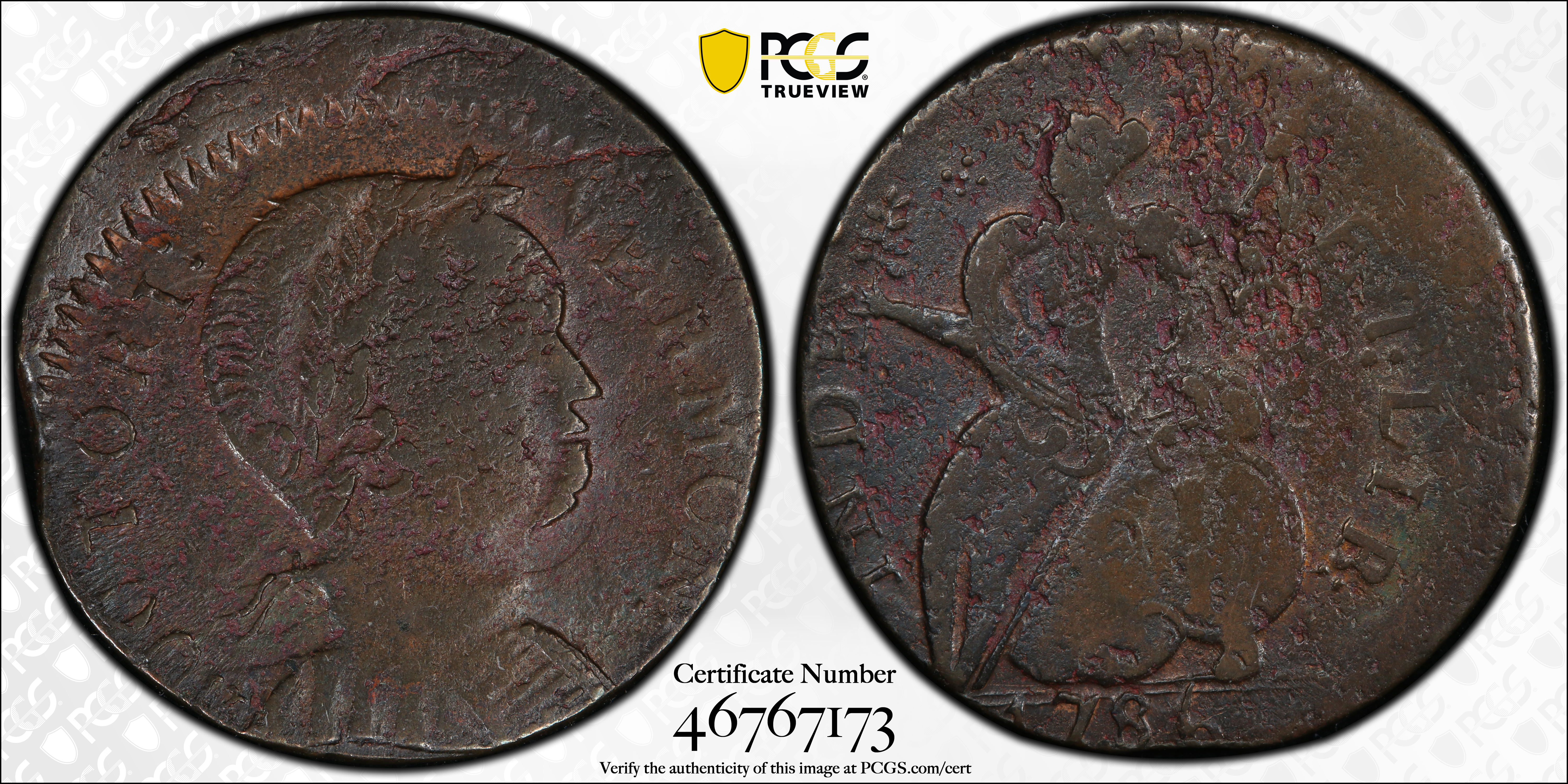 image for: 1786 Vermont Copper. RR-9, Bressett 7-F, W-2040. Rarity-3. Baby Head. EF Details--Environmental Damage (PCGS).