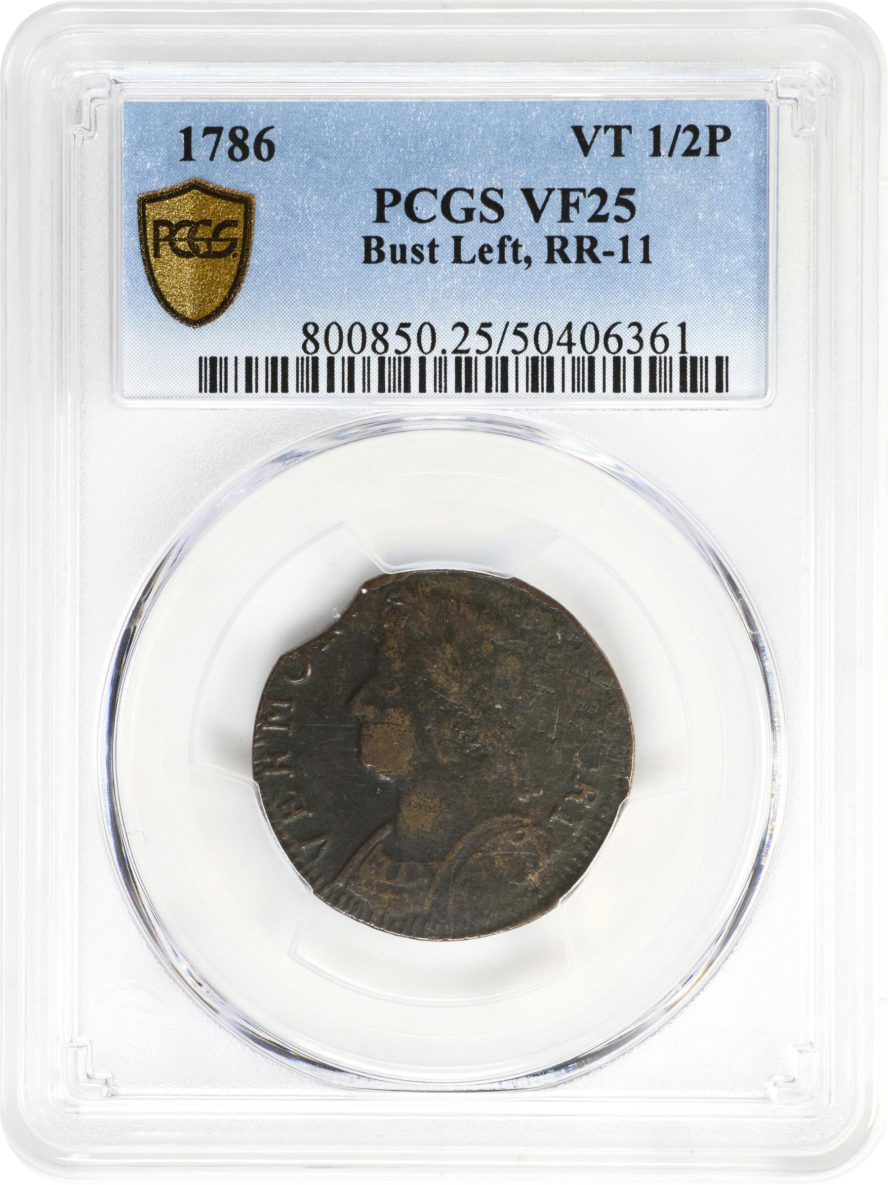 image for: 1786 Vermont Copper. RR-11, Bressett 9-H, W-2050. Rarity-4. Bust Left. VF-25 (PCGS).