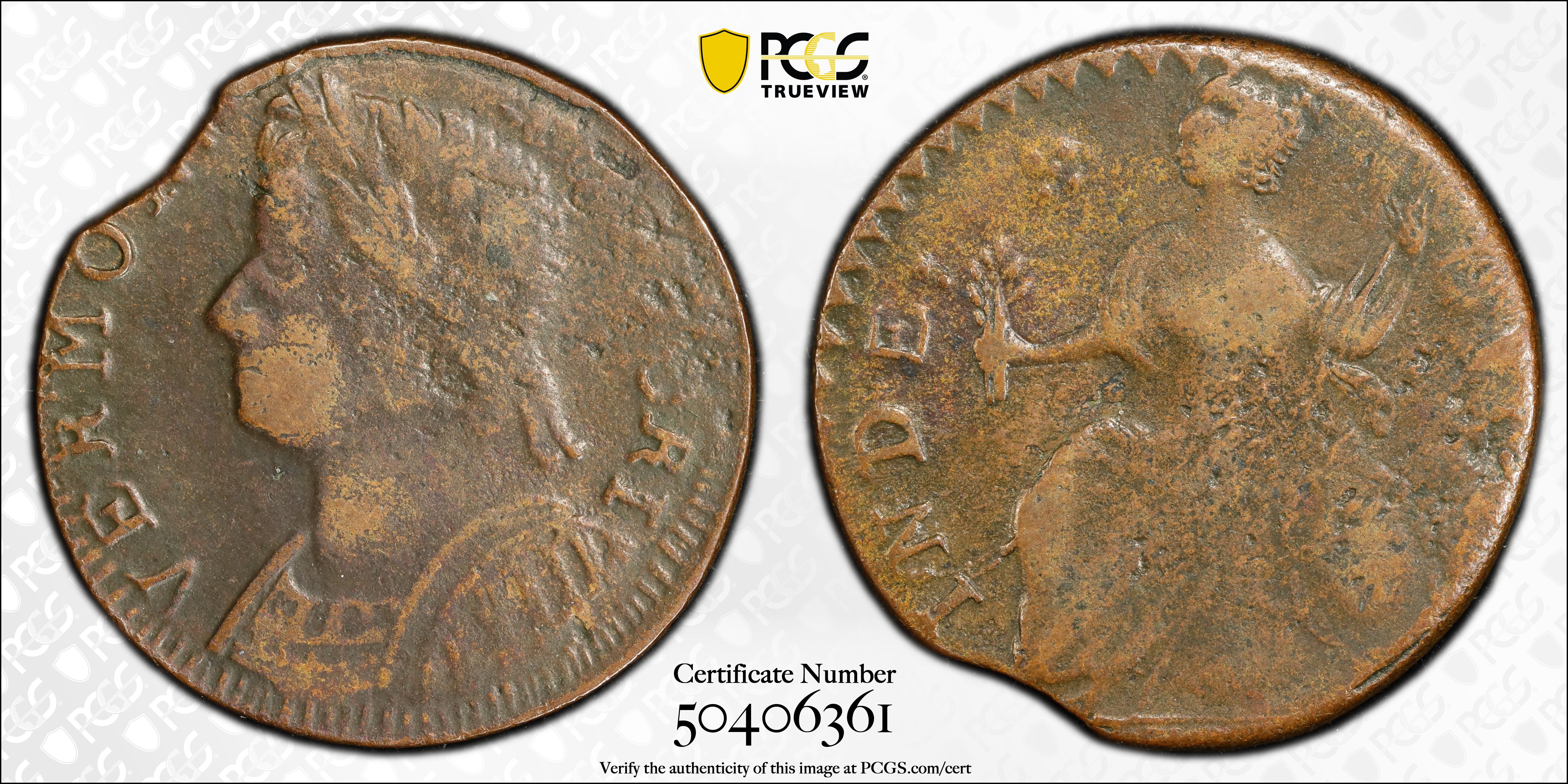 image for: 1786 Vermont Copper. RR-11, Bressett 9-H, W-2050. Rarity-4. Bust Left. VF-25 (PCGS).